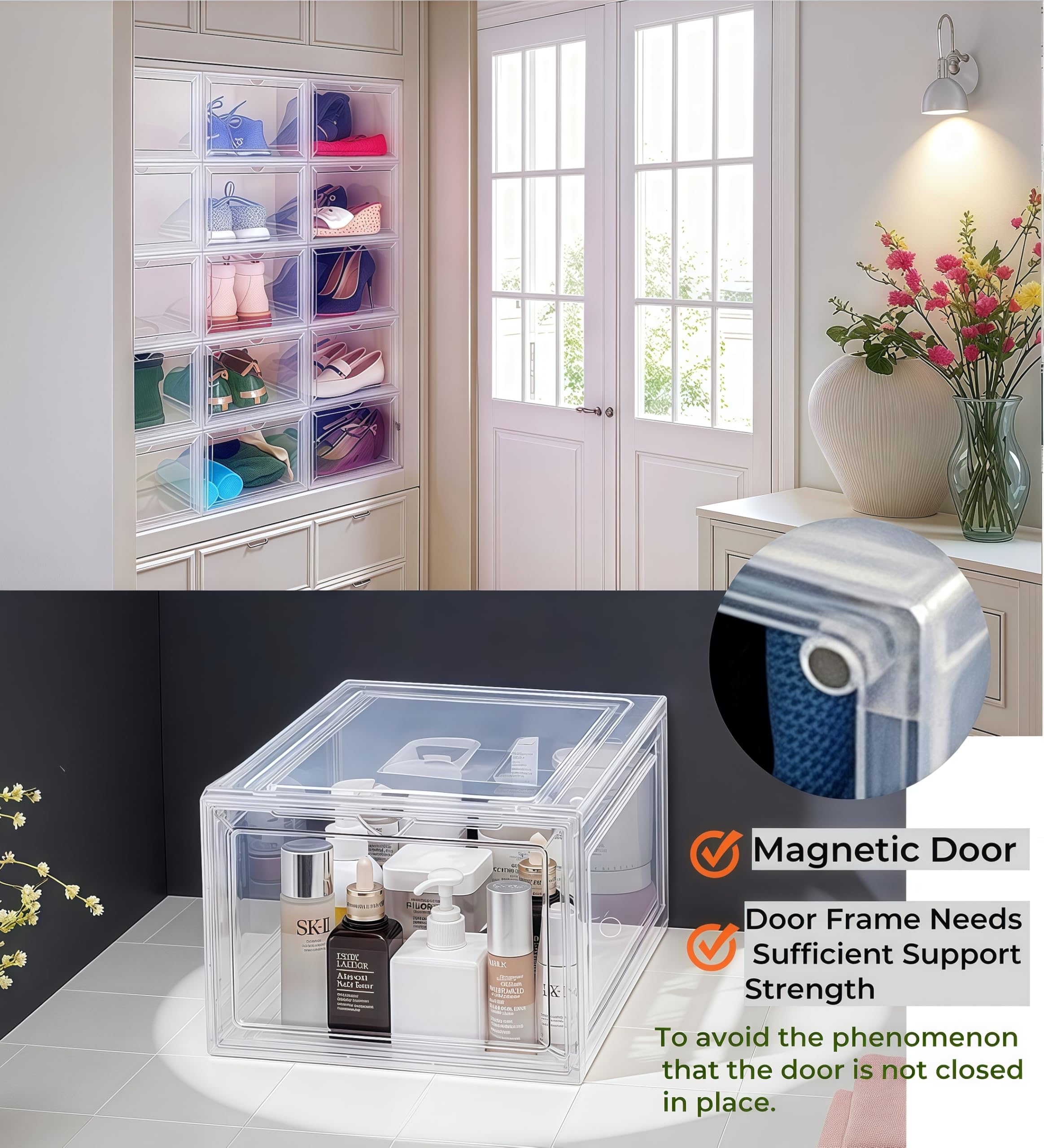 Paquete de 10 organizadores de zapatos para armario, caja de zapatos, contenedor de almacenamiento con tapas, apilable transparente, plástico duro grueso, puerta frontal caída, dentro de la