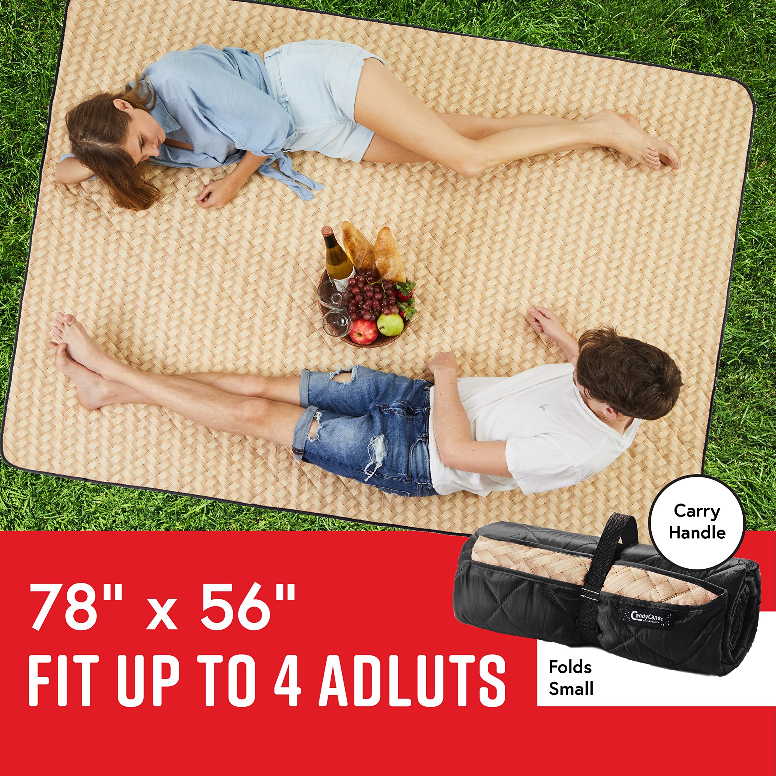 CANDY CANE Extra Large Picnic Quilt Blanket (78�x56�), Outdoors, Camping, Sandproof Beach Blanket Stylish Straw Design Park mat, Foldable, Portable, Washing Machine