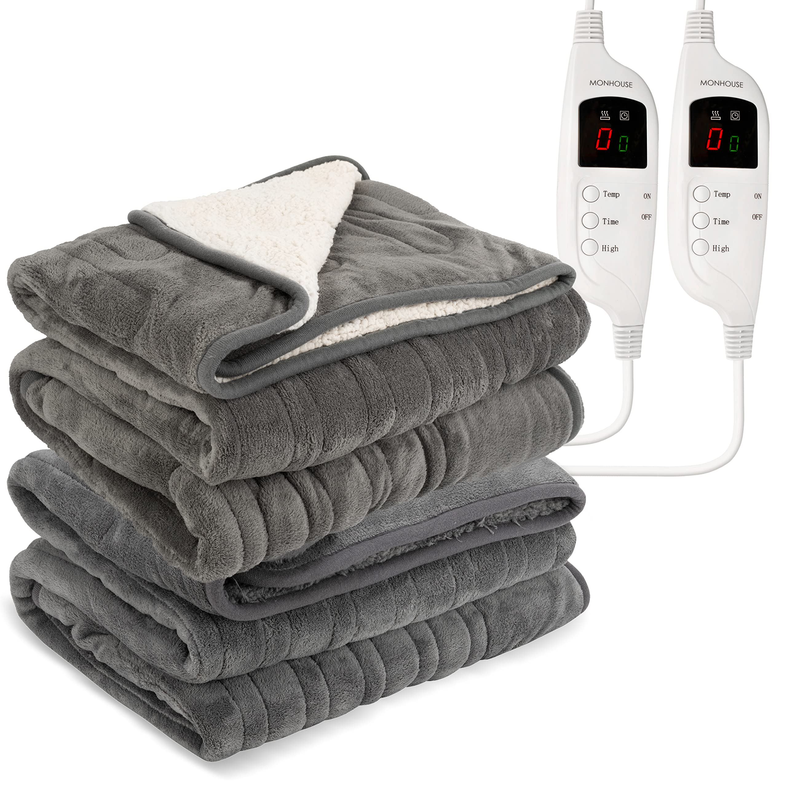 Monhouse Grey Shearling/Dark Grey Shearling Heated Throw - Pack Of 2 Electric Blankets - Digital Controller - Timer Up To 9 Hours, 9 Heat Settings, Auto Shutoff - Machine Washable - Single 130X160cm
