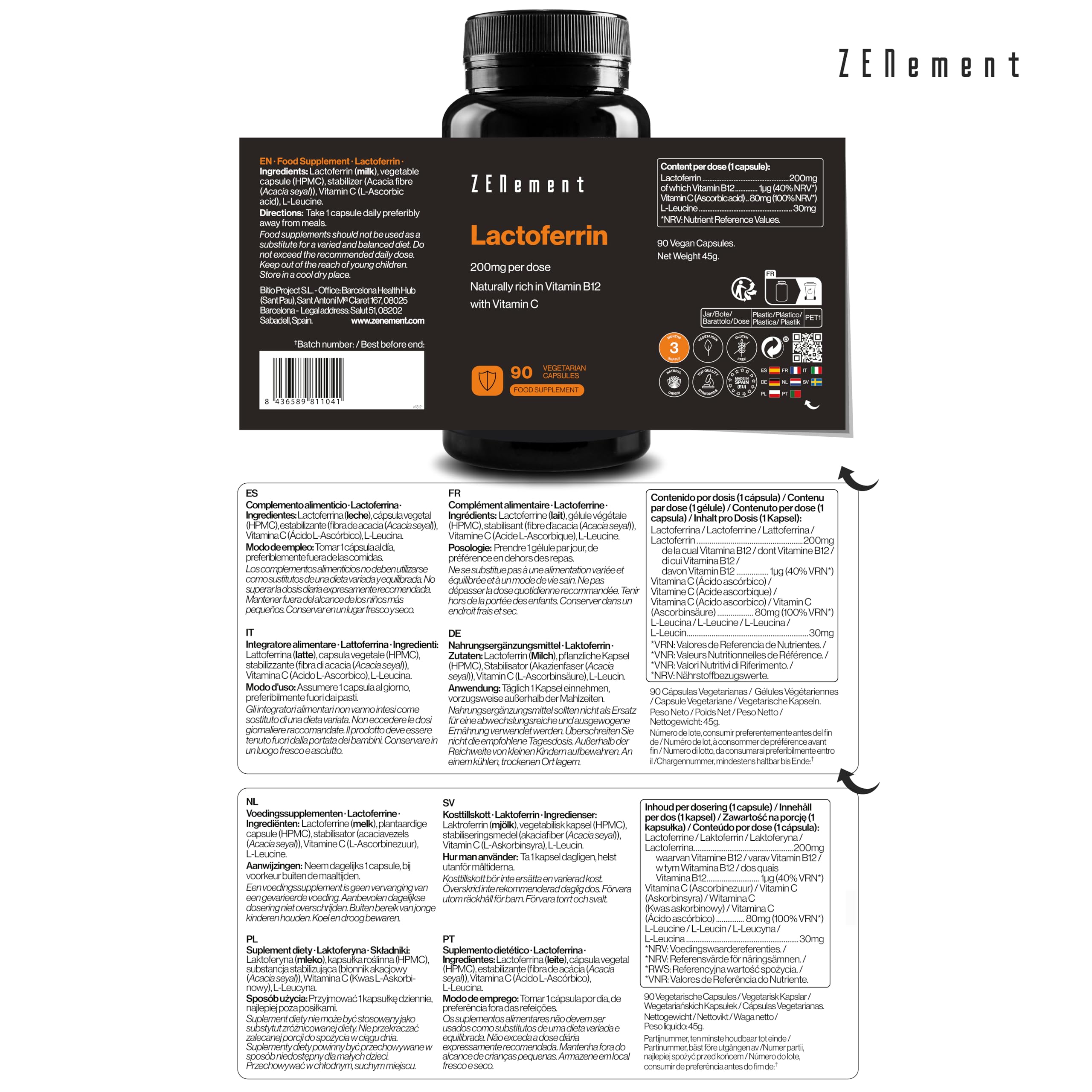 Lactoferrine 200 mg – Issue de Lait de Vaches Nourries à l’Herbe – Source Naturelle de Vitamine B12, avec 80 mg de Vitamine C – Système Immunitaire – 90 Gélules – 3 Mois de Cure – Zenement
