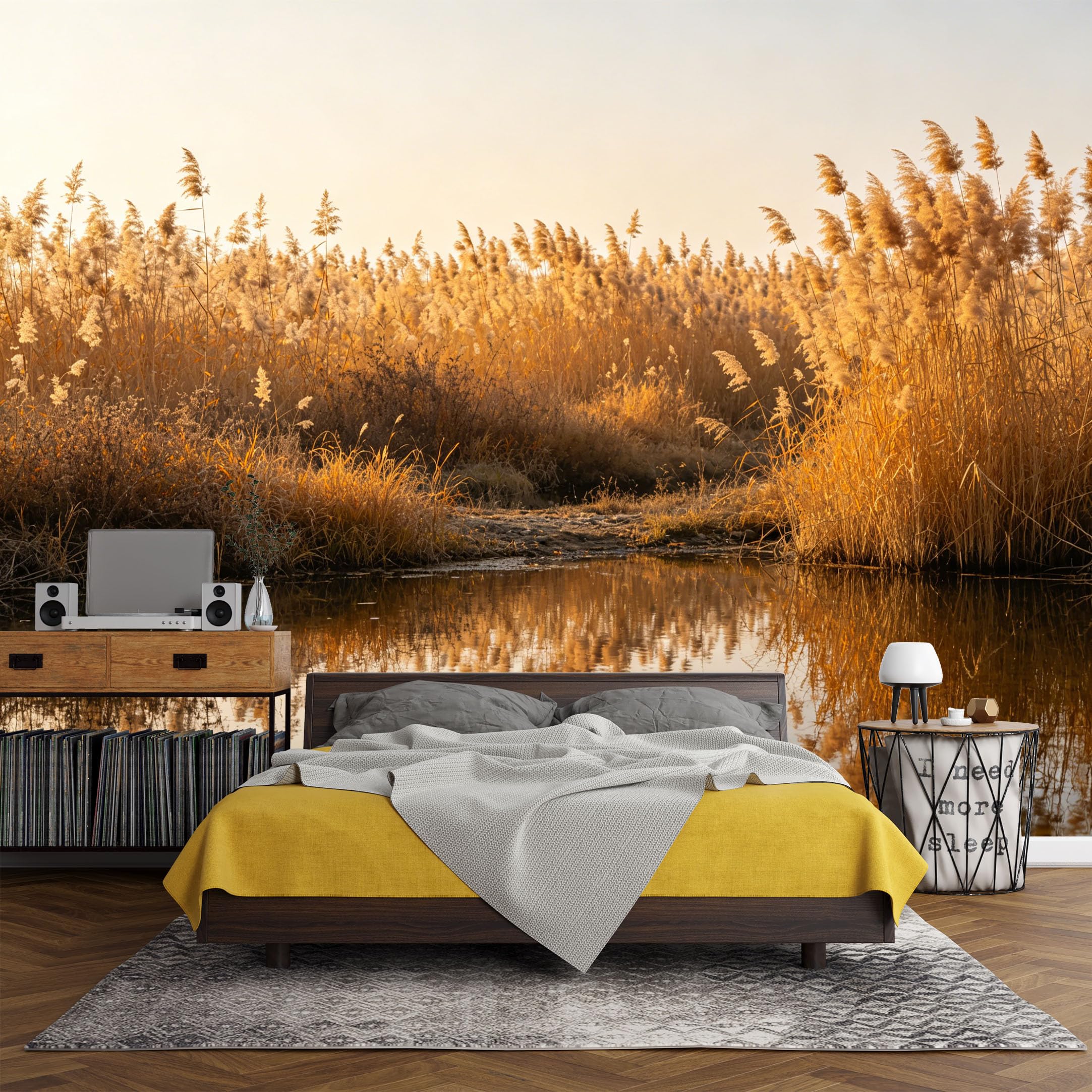 Custom Size Wall Mural， Landscape Golden Reed Lake Sunset Reflection，SelfAdhesive Art Prints wall Fabric (No PVC) Removable Wallpaper Living Room Decor
