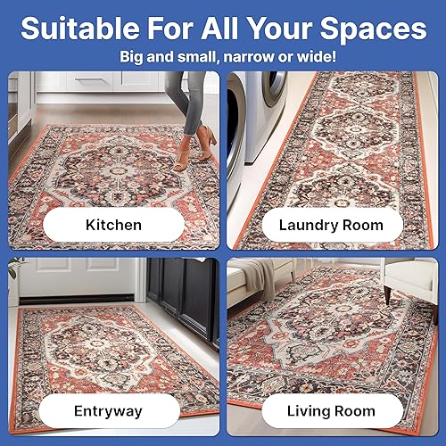 Miniatura 6 de Well Woven Kings Court Zazzu - Alfombra de pasillo de 2 x 7 pies, con parte trasera de goma antideslizante, diseño de medallón oriental multirojo,