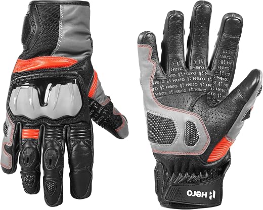 Hero MotoCorp Cycling Leather Short Riding Gloves - Knuckle &amp; Finger Protection, Touch Screen Sensitive, with Palm Slider...