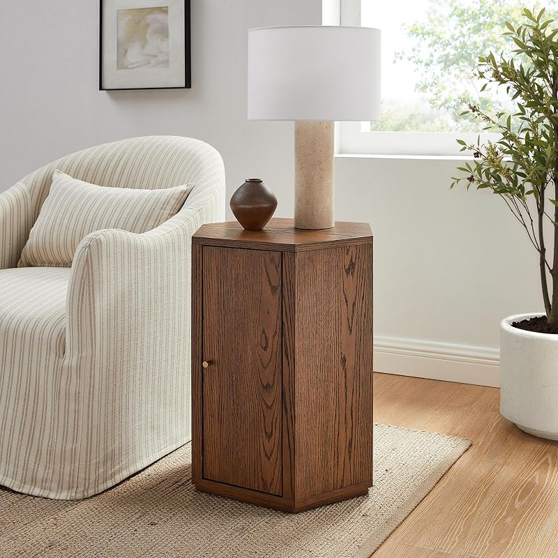 Modway Kade Solid Wood Side Table in Walnut – Modern Faceted Nightstand – Geometric End Table with Cabinet Storage and Interior Shelf