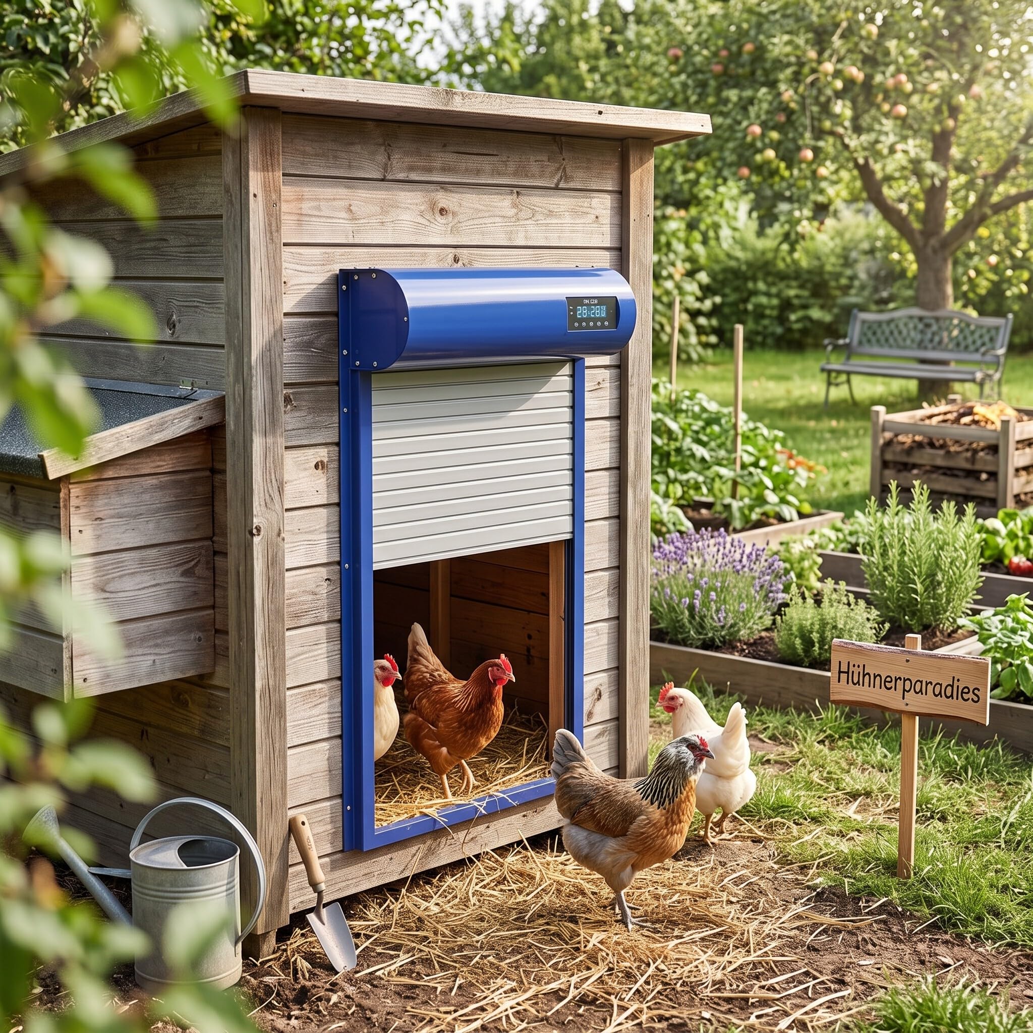 Puerta Automática Persiana para Gallinero Pequeño, Programable | Modo Temporizador y Modo Manual, Funciona con pilas, Chapa Metálica Gruesa, Controlador de pantalla LED, para Gallinas Patos