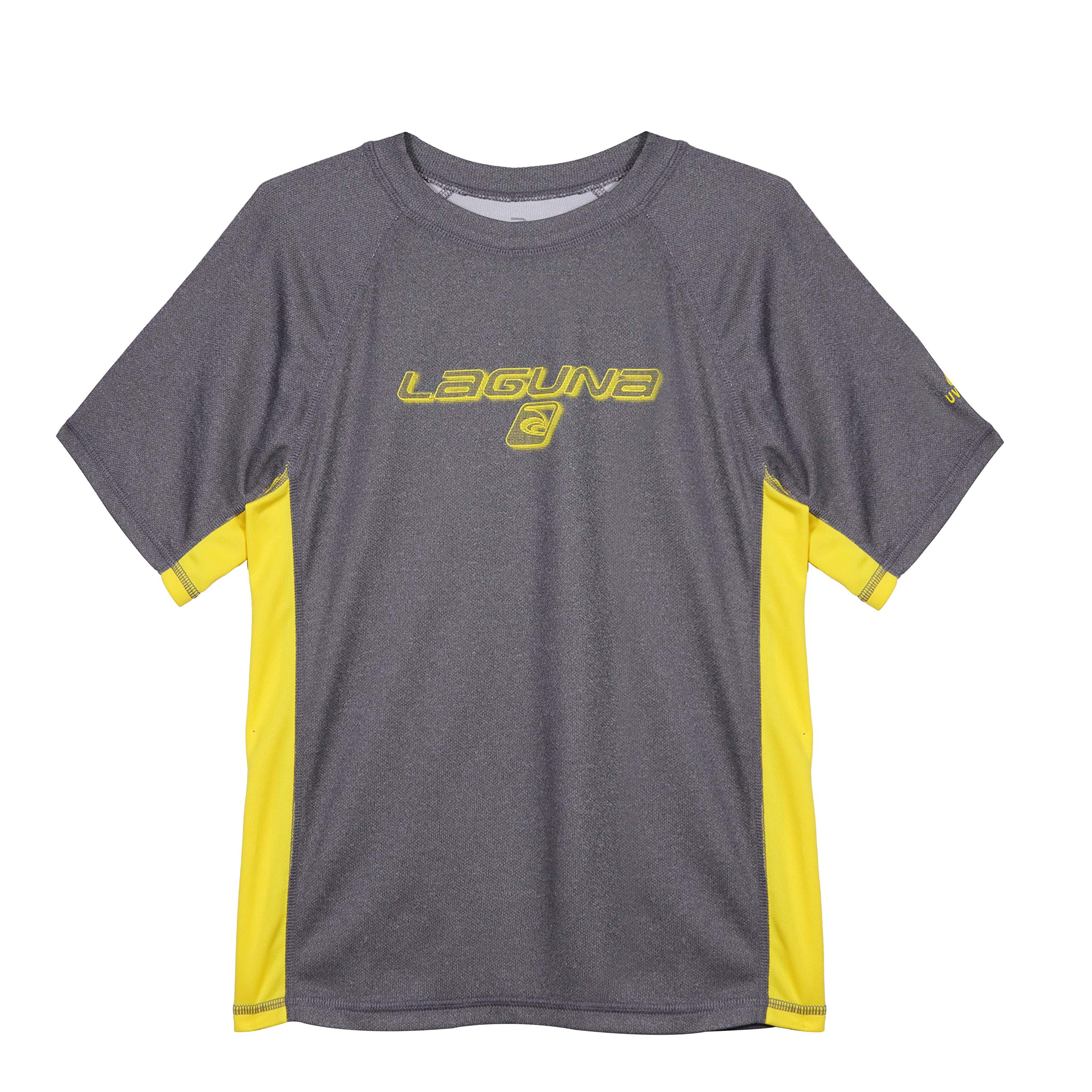 Laguna Boys Crewneck Short Sleeve Loose Fit Rashguard Swim Sun Tee Shirt, UPF 50+, Heather Black/Neon Yellow, 10/12