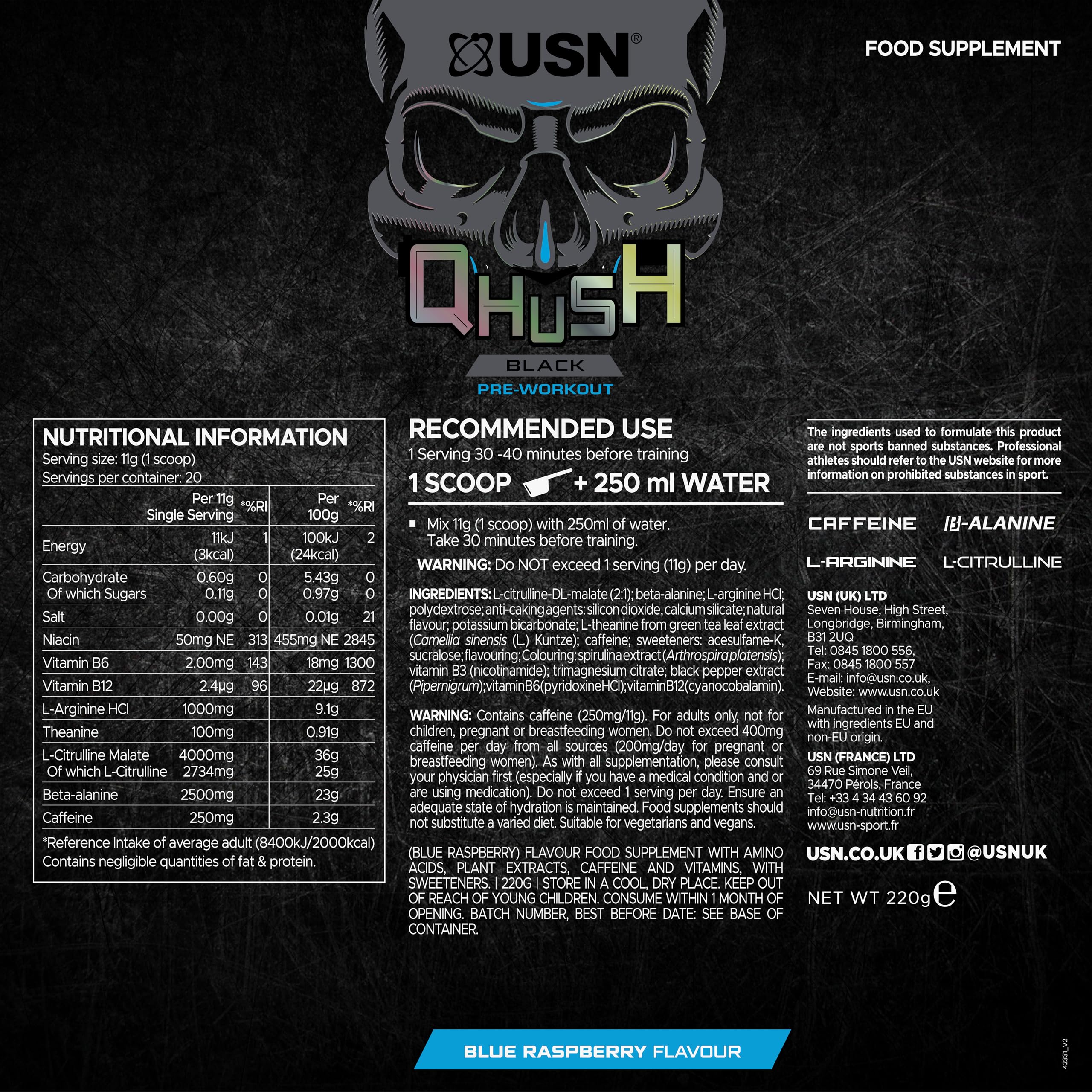 USN QHUSH Pre-Workout (20 serv) Blue Raspberry