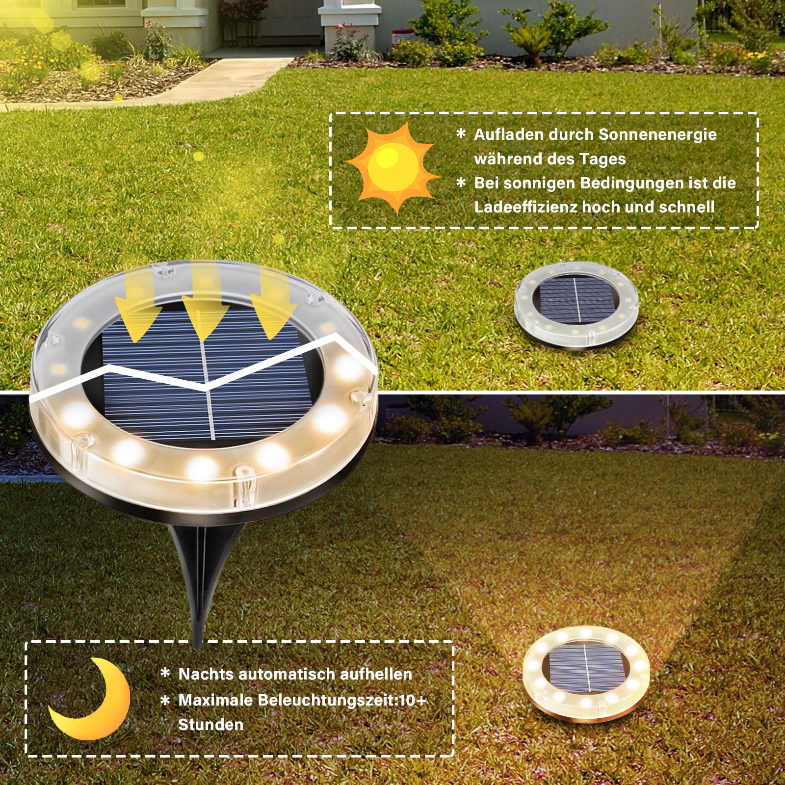 Lampada solare da pavimento, luce bianca calda, 12 LED, luci solari per esterni, 4 pezzi, luci a LED solari da giardino, IP65, impermeabile, per vialetti, prati, marciapiedi, patio