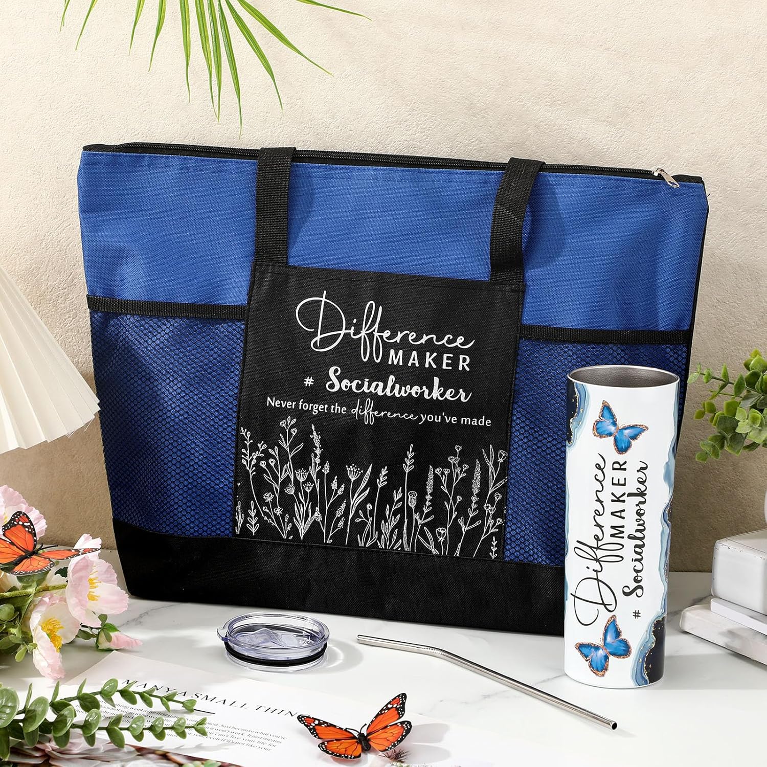 Sieral Galentines Valentines Social Worker Appreciation Gifts Set for Women – Difference Maker Tote Bag & Tumbler 20 oz Thank You Gifts for Employee Coworker School Staff(Dark Blue) - Image 4