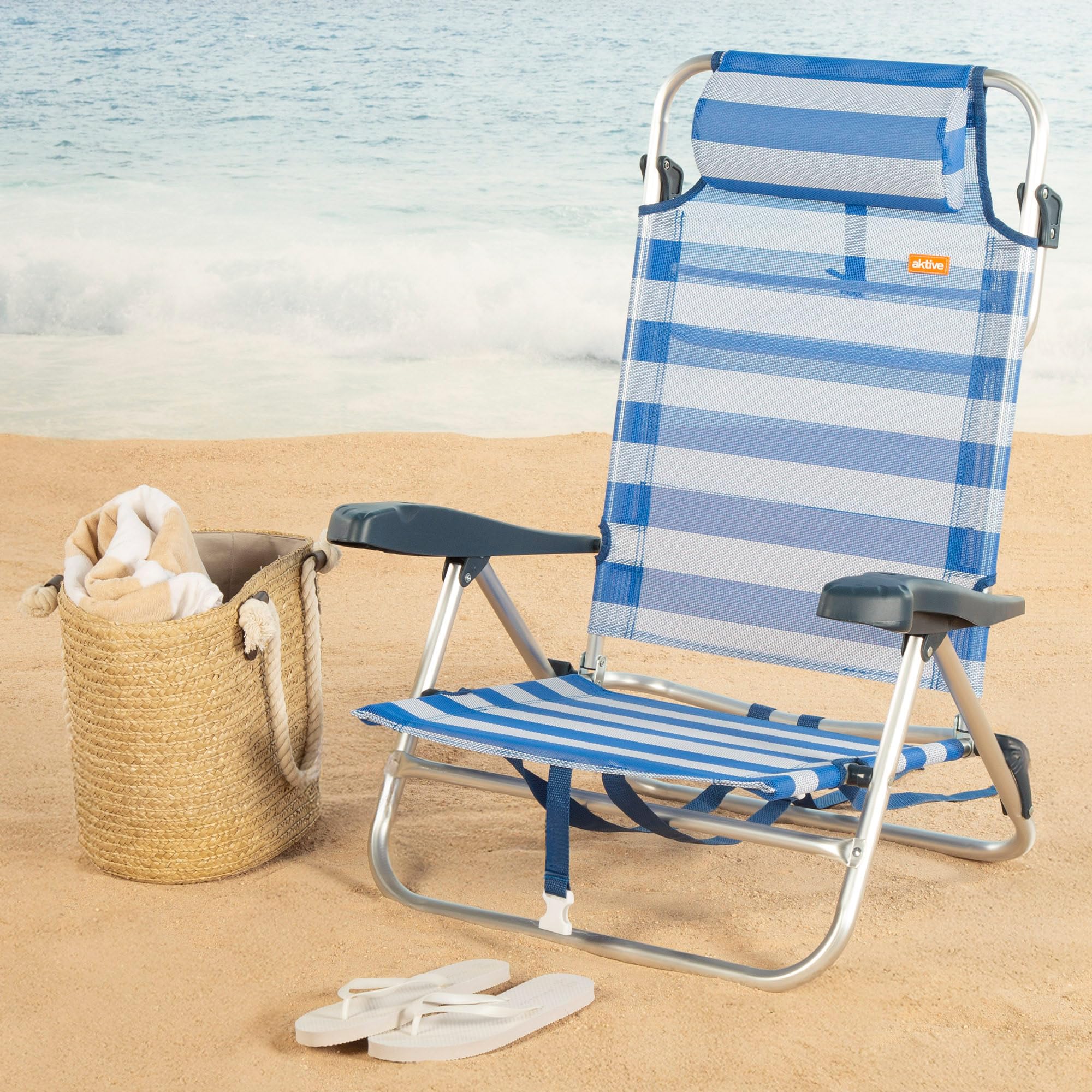 AKTIVE Chaise de Plage Pliable, à Rayures, textilène et Aluminium, 47 x 49 x 82 cm, 8 Positions, 110 kg, 2,52 kg