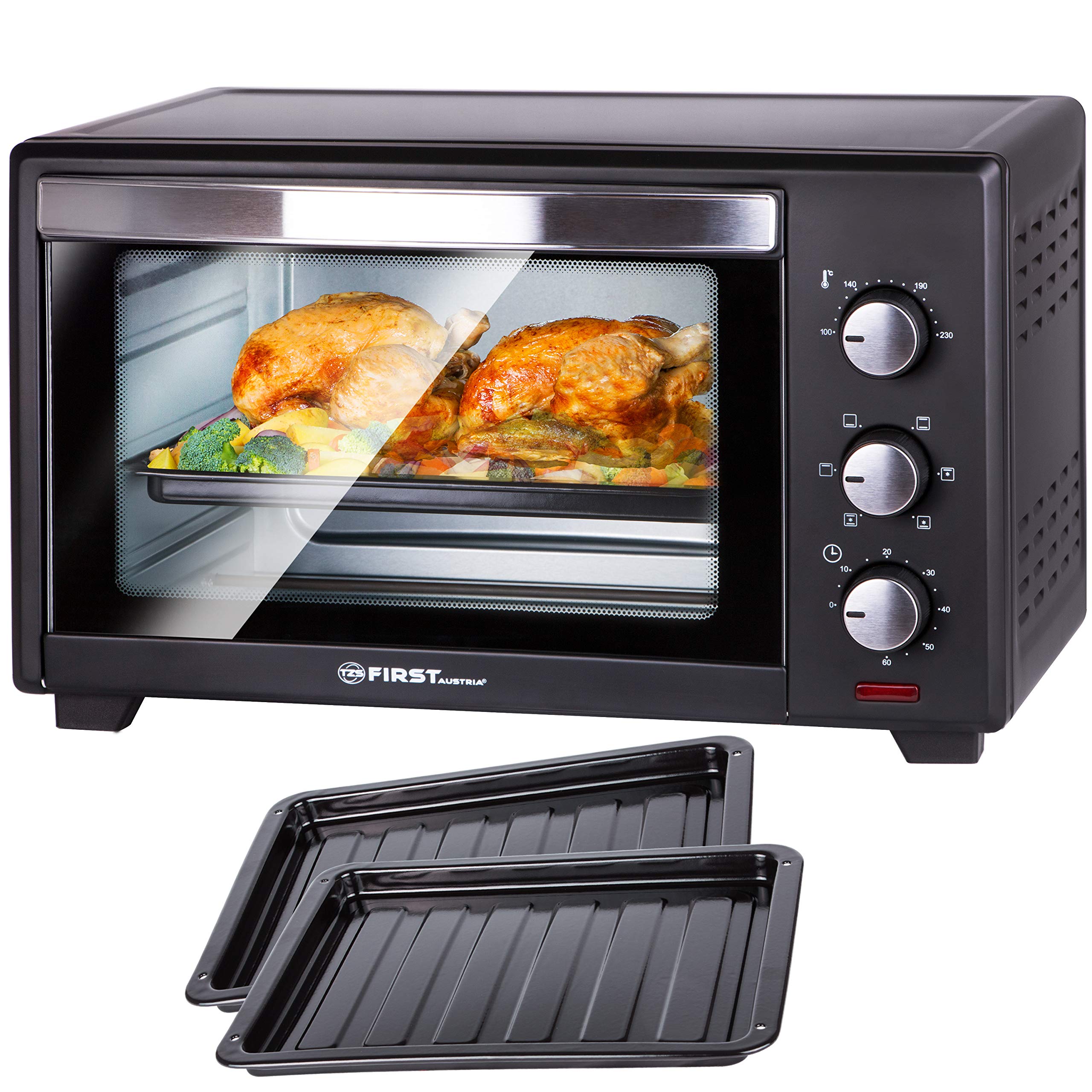 TZS First Austria - 35 l, 1600 W, mini piekarnik z oświetleniem wewnętrznym i termoobiegiem, mini piec do pizzy, podwójne szklane drzwi, timer, mini piekarnik, piec do pizzy | wyjmowana blacha na