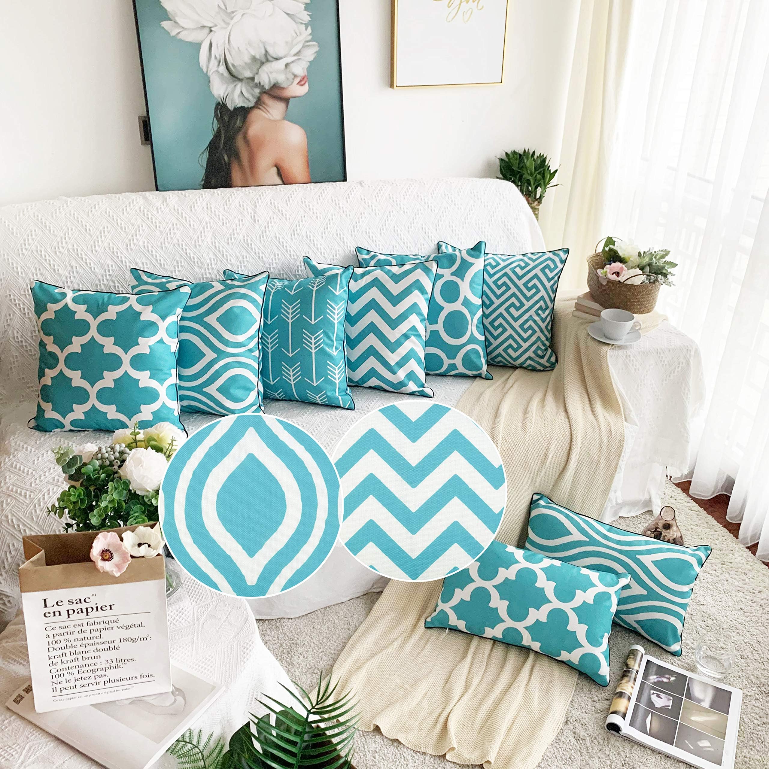 Cotton Linen Digital Printed Geometric Pillowcases 18 x 18 Inch with Meaningful Pastoral Colors with Piping for Soft Home Decorate Cushion Covers Sham, Pack with 6 Pcs 45x45cm, Aqua
