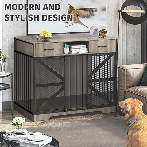 Miniatura 8 de Mueble grande de 44 pulgadas para jaula para perros, soporte de madera resistente para TV con 2 cajones, muebles decorativos multifuncionales para
