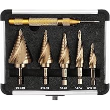 6PC Cobalt Step Drill Bit Set, Hex Shank Step Drill with Two Spiral Flutes and Automatic Center Punch for Metal, Stainless Steel, Aluminum, Wood, and Plastic with Aluminum Case, 50 Sizes
