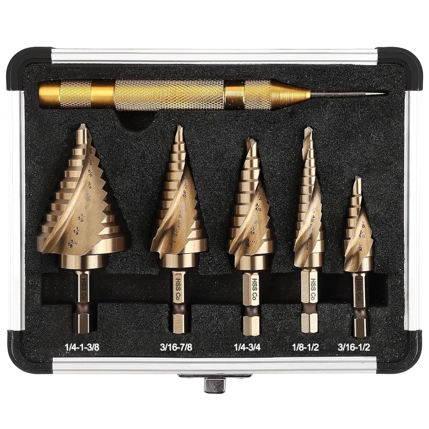 6PC Cobalt Step Drill Bit Set, Hex Shank Step Drill with Two Spiral Flutes and Automatic Center Punch for Metal, Stainless Steel, Aluminum, Wood, and Plastic with Aluminum Case, 50 Sizes
