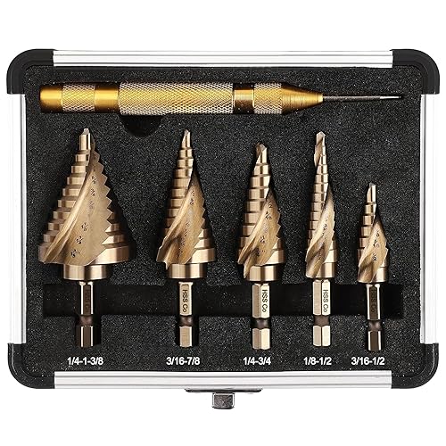 Juego de 6 brocas escalonadas de cobalto, taladro escalonado de vástago hexagonal con dos flautas en espiral y punzón central automático para metal,