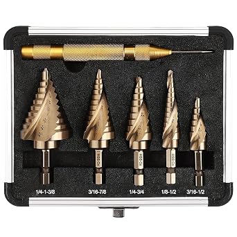 6PC Cobalt Step Drill Bit Set, Hex Shank Step Drill with Two Spiral Flutes and Automatic Center Punch for Metal, Stainless Steel, Aluminum, Wood, and Plastic with Aluminum Case, 50 Sizes