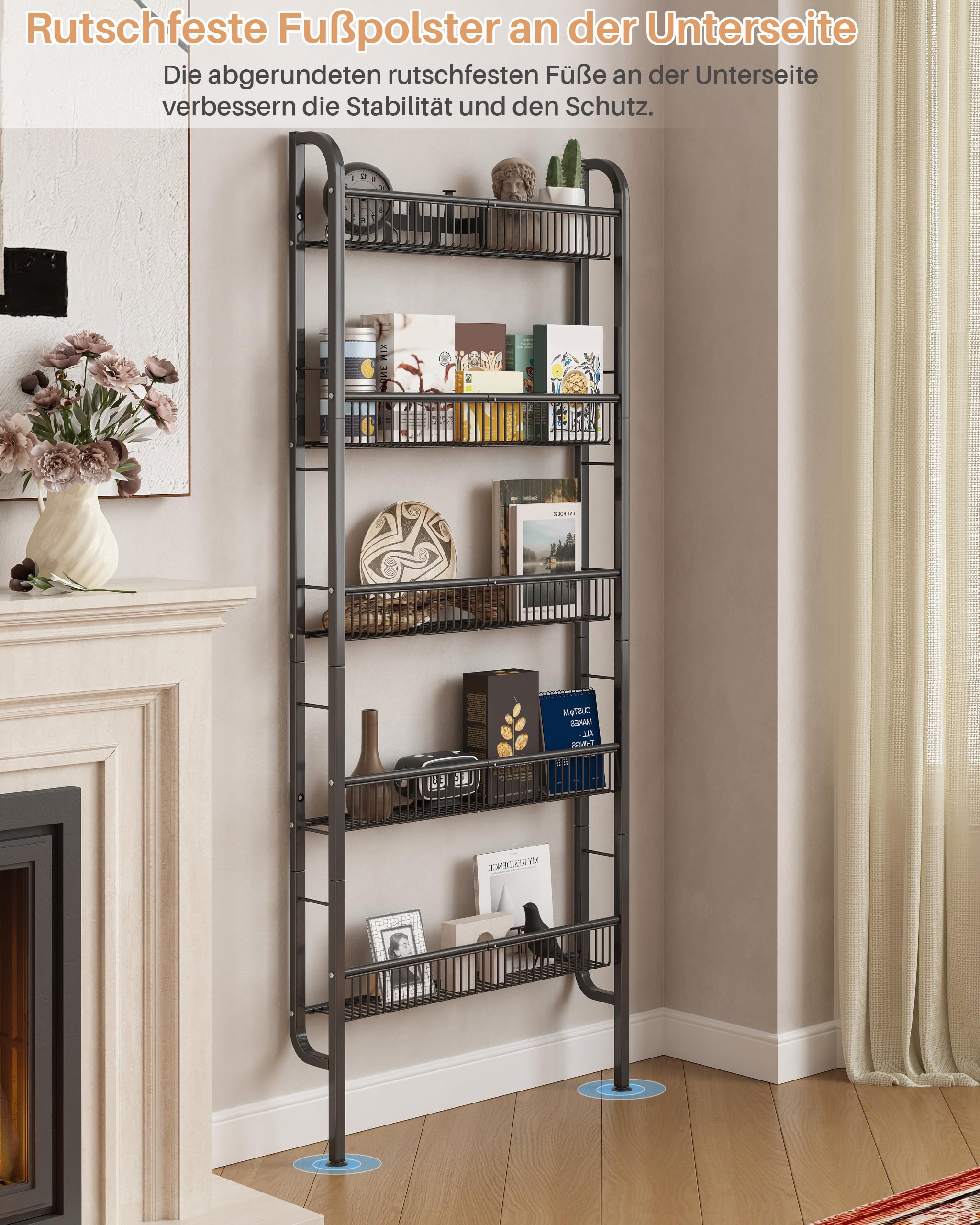 UMDONX Bücherregal gegen Wand, schmales 5 etagiges Metall Bücherregal, Leiterregal, multifunktional für Enge Räume, Schwarz（62 x 9 x 160 cm）