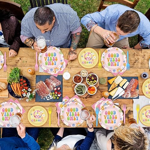 Miniatura 7 de ZOIIWA 96 piezas de suministros de fiesta Groovy para 24 invitados, juego de vajilla bohemio bohemio hippie margarita, decoración de fiesta pastel,