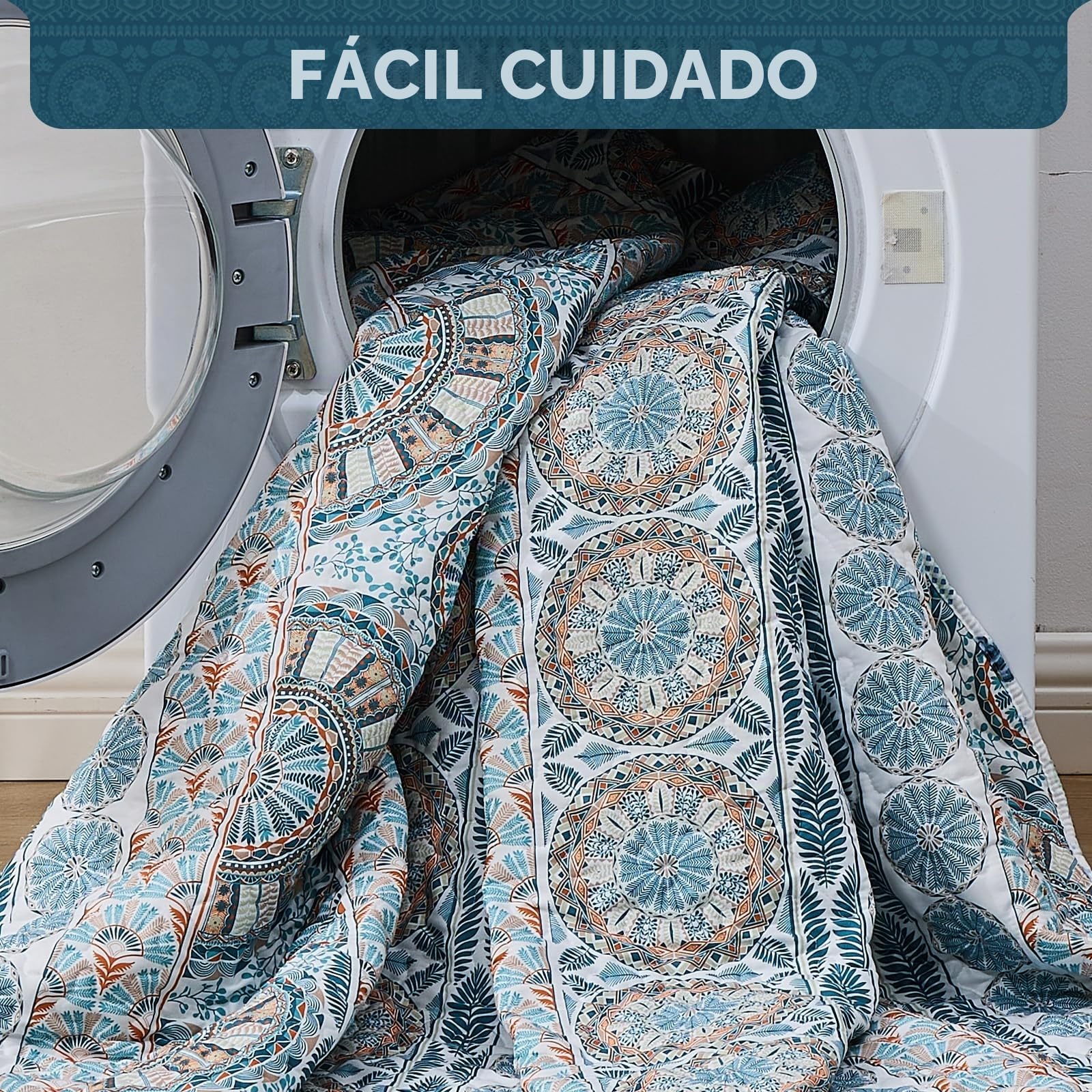 Qucover Colcha Cama 180 Bohémico, Cubrecama 250x270 cm Diseño Reversible con Motivos Geométricos Étnicos, Colcha Acolchado Azul para Decoración Interior con 2 Fundas de Almohada 50x75 cm