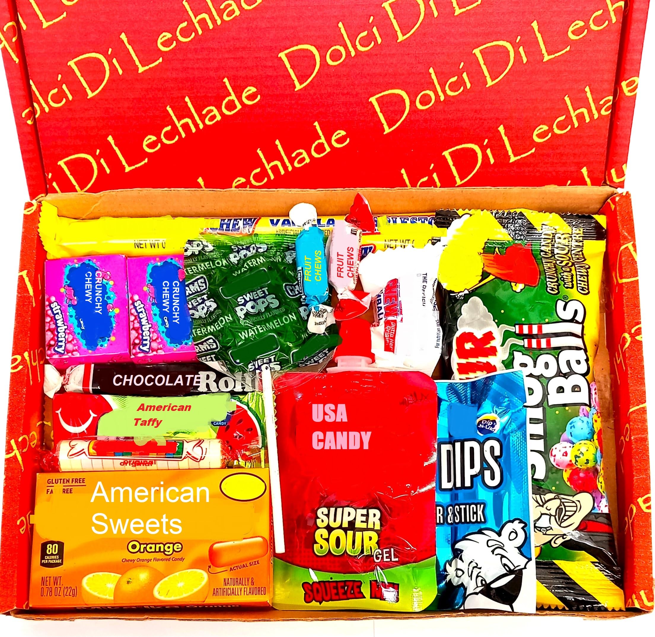 Dolci Di Lechlade American Sweets Gift Box American Candy Chocolate Sweet Hamper Birthday Halloween Christmas USA Selection Treat Present Snack Mix Jelly Gums