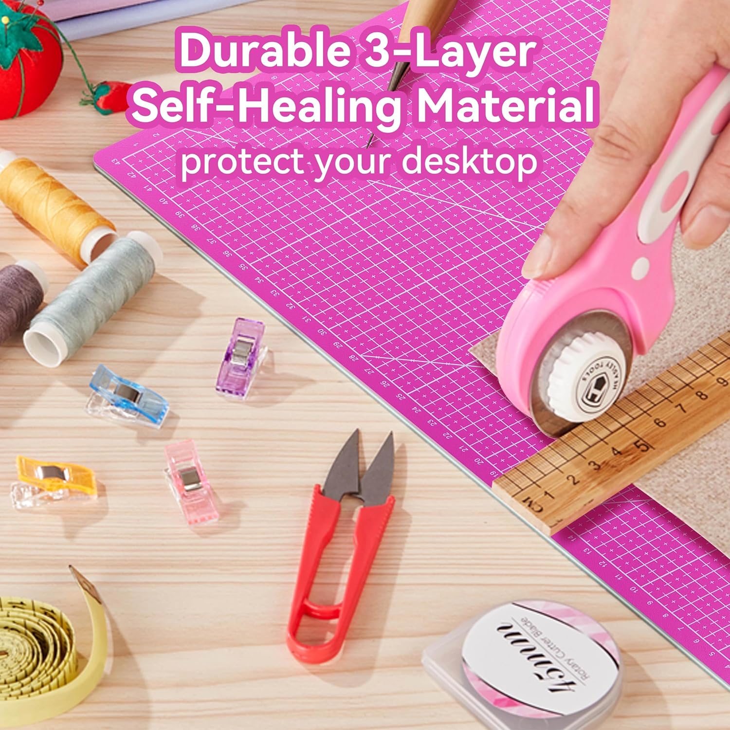 3 Pcs Self Healing Cutting Mat, Double-Sided Non-Slip Rotary Cutting Board for Rotary Cutting, Sewing, Quilting, Crafting, A3 A4 A5 Size (18x12, 12x9, 9x6 Inch), Pink