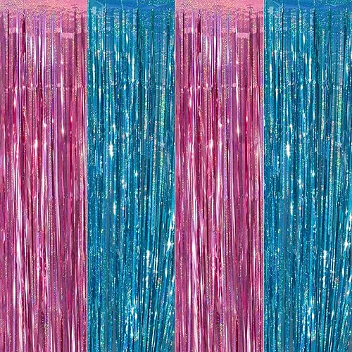 Paquete de 4 cortinas de flecos láser de oropel de 3.2 x 8.2 pies, cortinas de fondo de serpentinas con adhesivo, fondo de cabina de fotos,