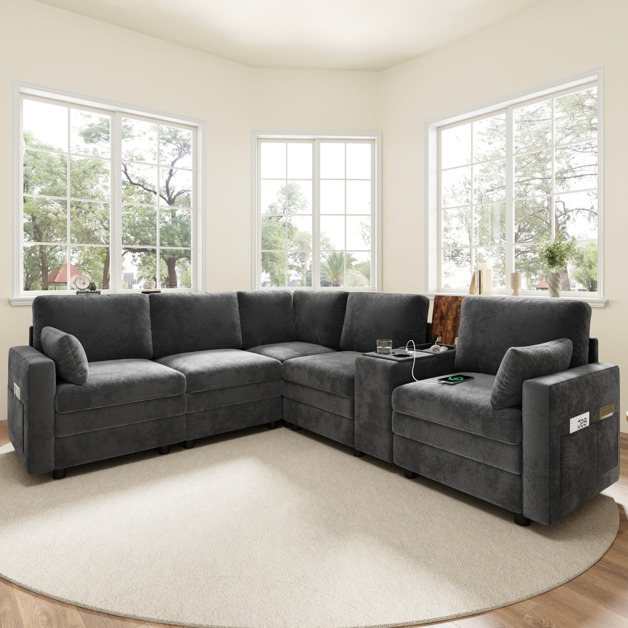 Sapgaks Canapé d'angle en Forme de L avec USB et Porte-gobelet,Canapé modulaire 5 Places avec Console Centrale Rabattable et Espace de Stockage,Canapé Nuage,Convient pour Le Salon et la Chambre,Gris