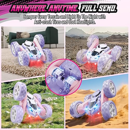 Vista 81 de Auto de control remoto para niños, auto de acrobacias RC giratorio de 360°, vehículo eléctrico 4WD de doble cara con luces LED, autos de juguete