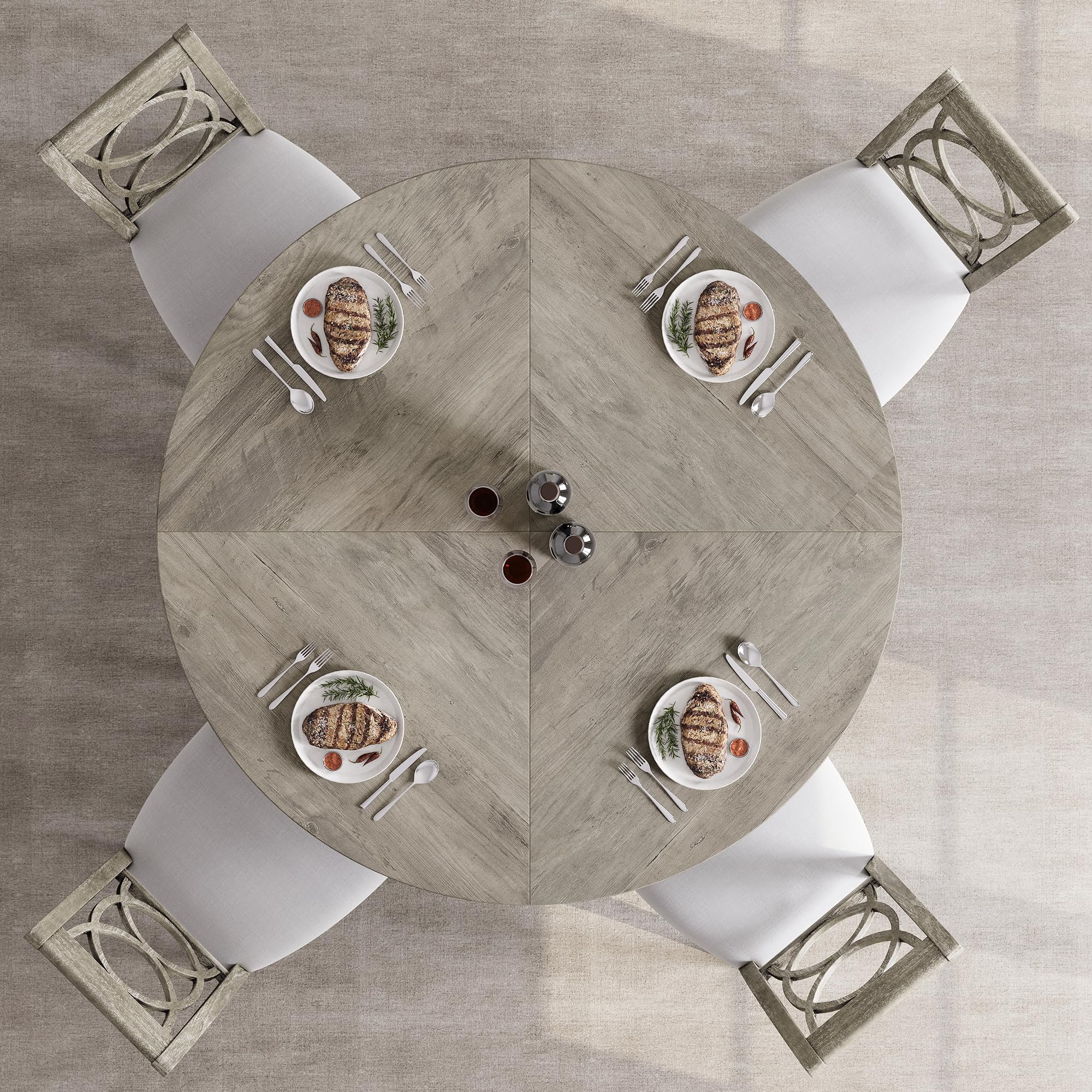 GarveeLife Mesa Redonda de Comedor 120 cm | Mesa de Cocina Veta Madera Gris Claro con Patas Geométricas, Tablero MDF Resistente, para 4-6 Personas, Solo Mesa sin Sillas
