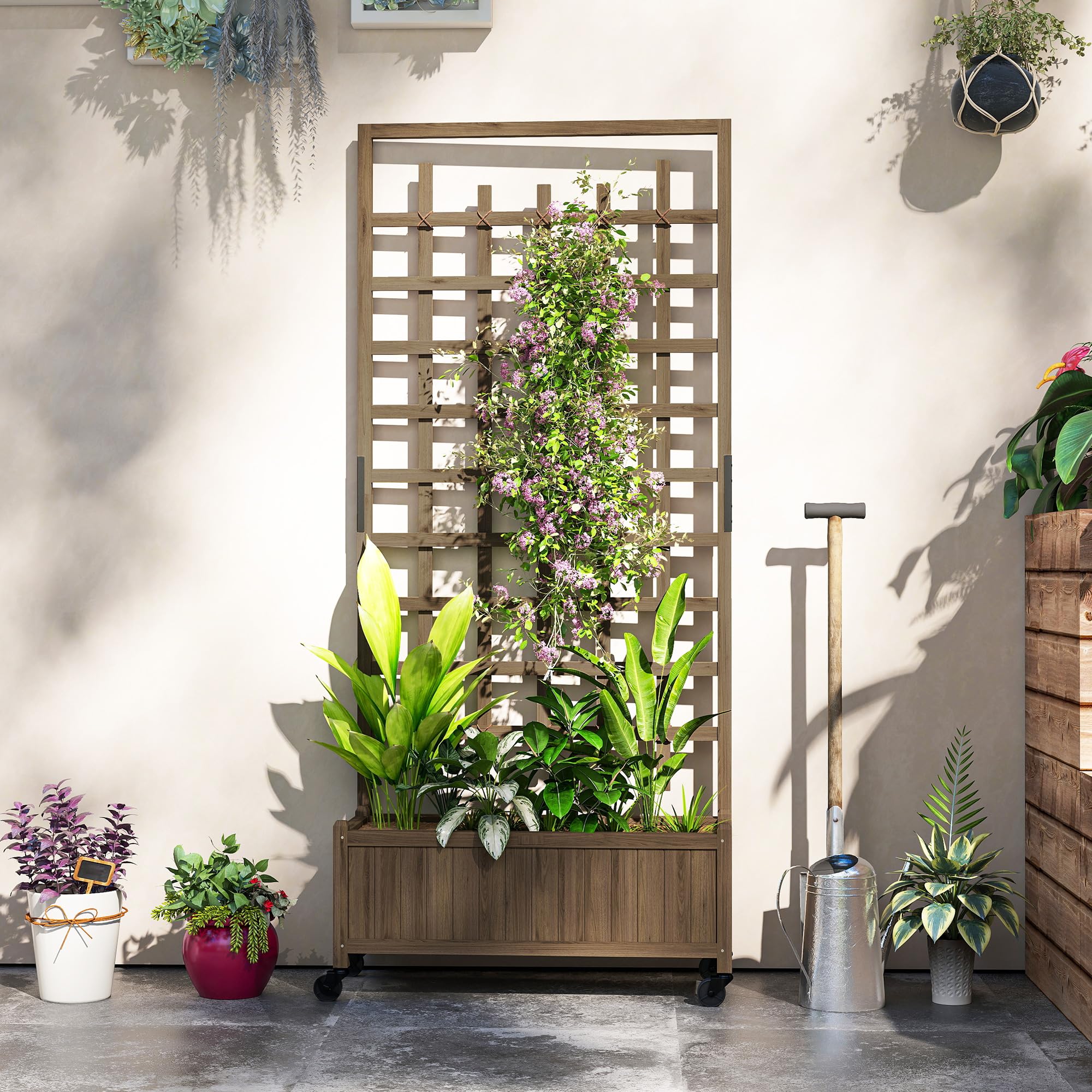 Outsunny Maceta de enrejado de madera, camas elevadas para jardín con ruedas y forro de cama, maceta con pantalla de privacidad para cultivar verduras, hierbas y flores para jardín, patio, terraza,