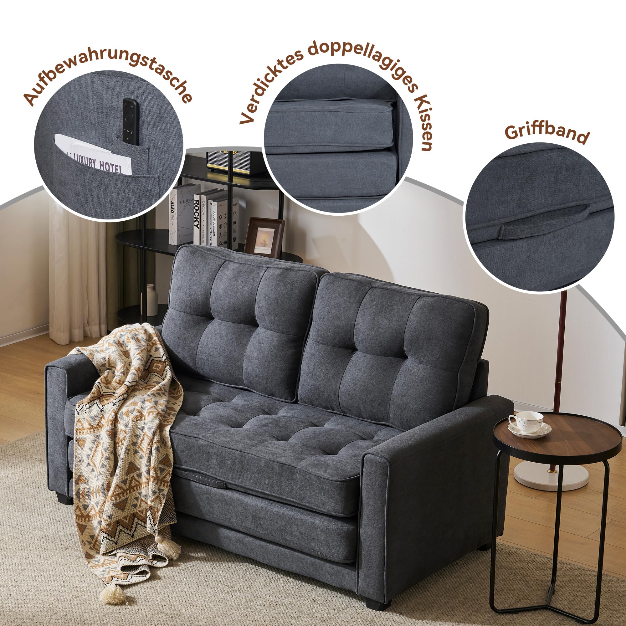 Zepneiy Canapé 2 Places, Fauteuil rembourré avec Poches sur Le côté avec Méridienne, Canapé lit 2 Places Canapé Moderne Design, S'applique à Meuble de Salon pour Salon Appartement Villa, Gris Foncé