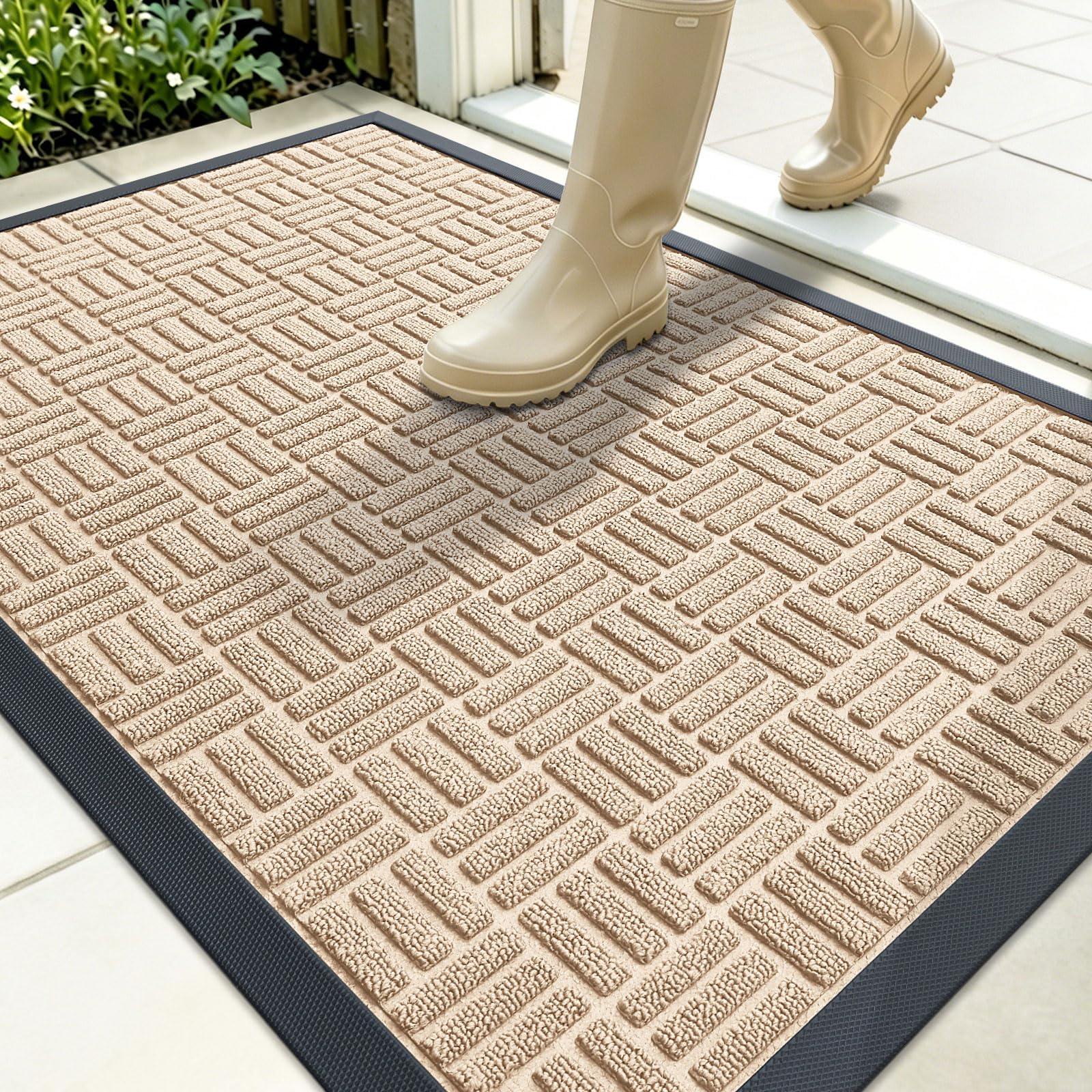 OLANLY Front Door Mat Outside Entrance 35x23, Heavy-Duty Rubber Doormat | Latte White, Stain and Fade Resistant, Non-Slip Backing, Low-Profile Indoor Outdoor Floor Mat for Entryway, Easy to Clean