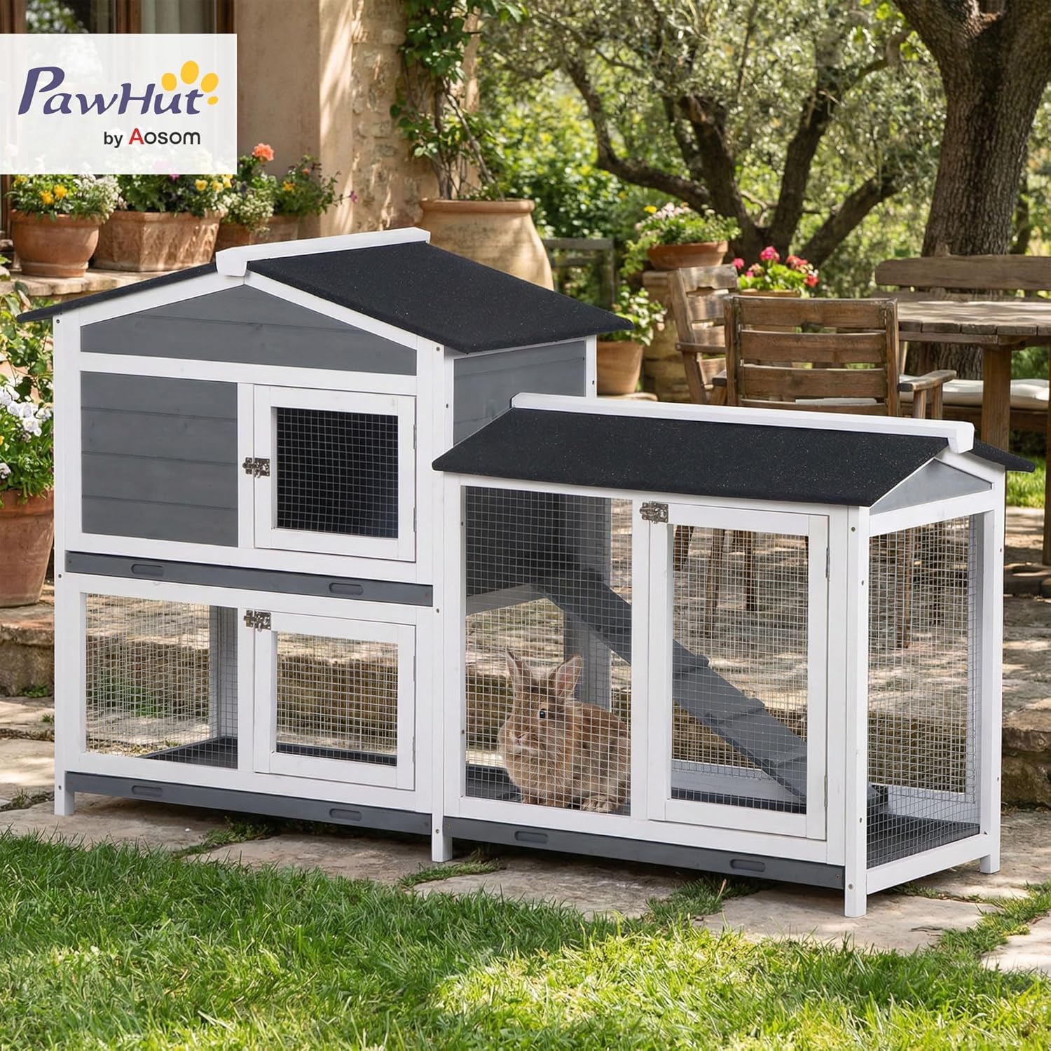 PawHut 62" Rabbit Hutch, Wooden Bunny Hutch, Guinea Pig Cage, Small Animal Enclosure with Run Area, Removable Tray, Asphalt Roof, Lockable Doors and Ramp, Gray