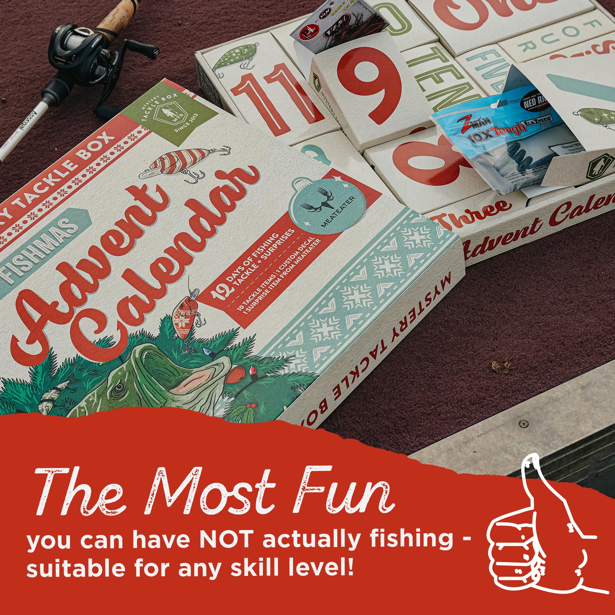 Amazon.com: Mystery Tackle Box 12 Days of Fishmas Advent Calendar Bass Fishing Lure Gift Set with 35 baits & lures including 10 Premium Baits, Holiday Decal & Meateater Trivia Pack : Home & Kitchen Amazon.com: Mystery Tackle Box 12 Days of Fishmas Advent Calendar Bass Fishing Lure Gift Set with 35 baits & lures including 10 Premium Baits, Holiday Decal & Meateater Trivia Pack : Home & Kitchen
