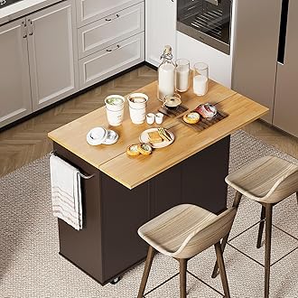 Shintenchi Rolling Kitchen Island Cart with Folding Drop Leaf Breakfast Bar, Portable Trolley Island with Large Storage Cabinet, Shelf and Drawer, Brown