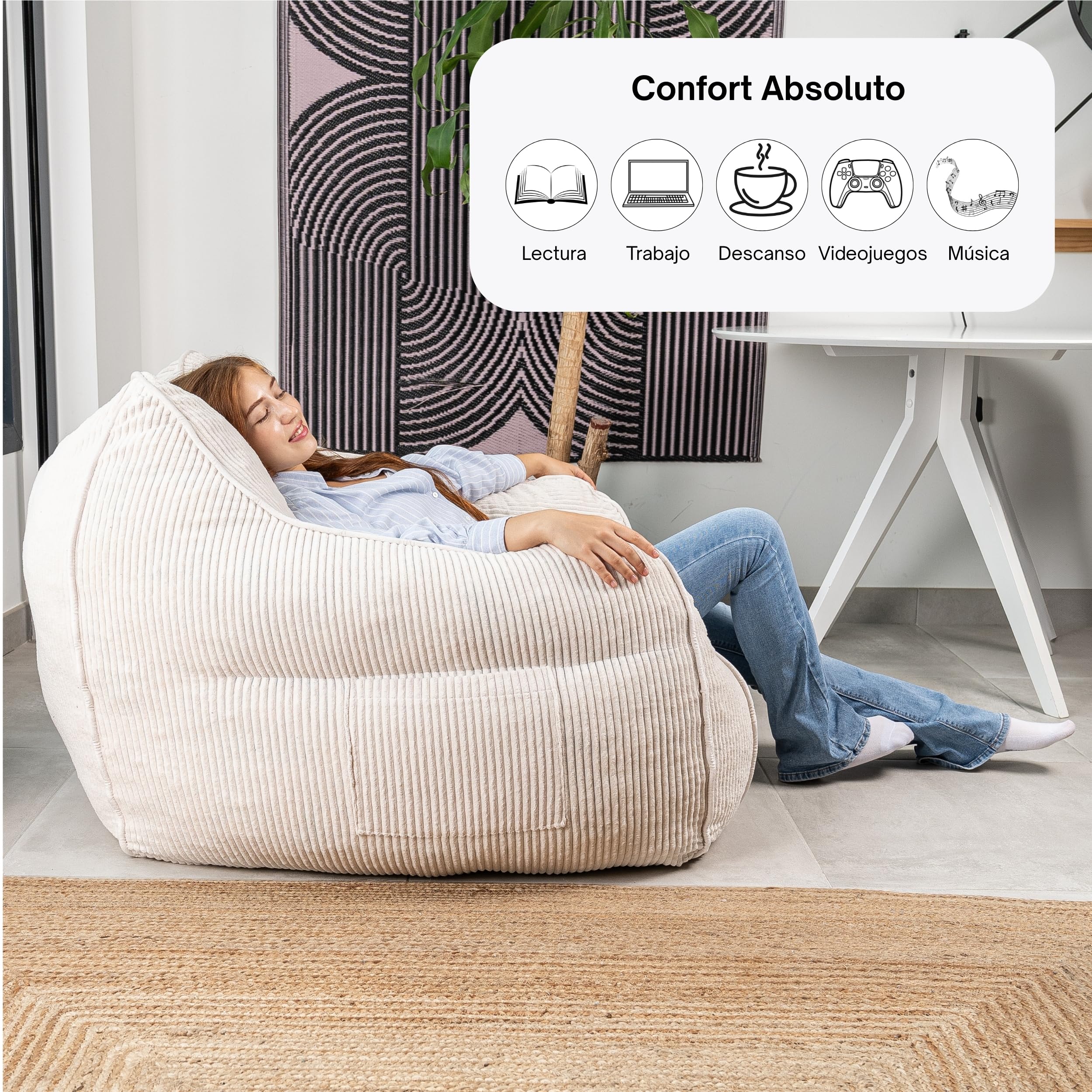 bananair - Puff Gigante de Salón y Habitación en Tela de Pana - Elegante y Cómodo - Puff Pera con Relleno Incluido Ideal para Crear un Ambiente Acogedor (Blanco Roto)