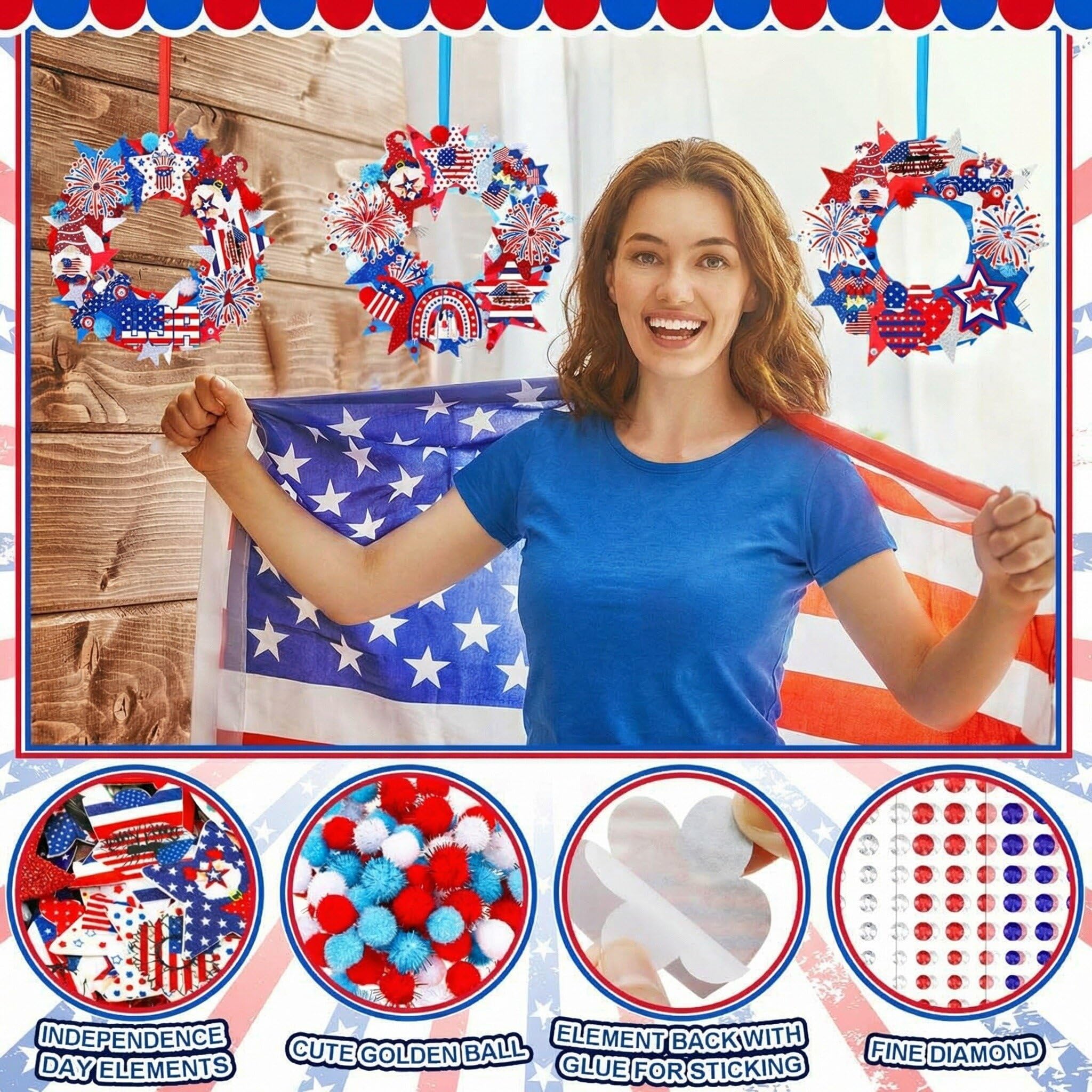 SmoothNovelty Kit di 405 pezzi di artigianato patriottico per il 4 luglio, kit fai da te per ghirlande per il giorno dell'indipendenza dei bambini, 32 ghirlande in feltro per il giorno della