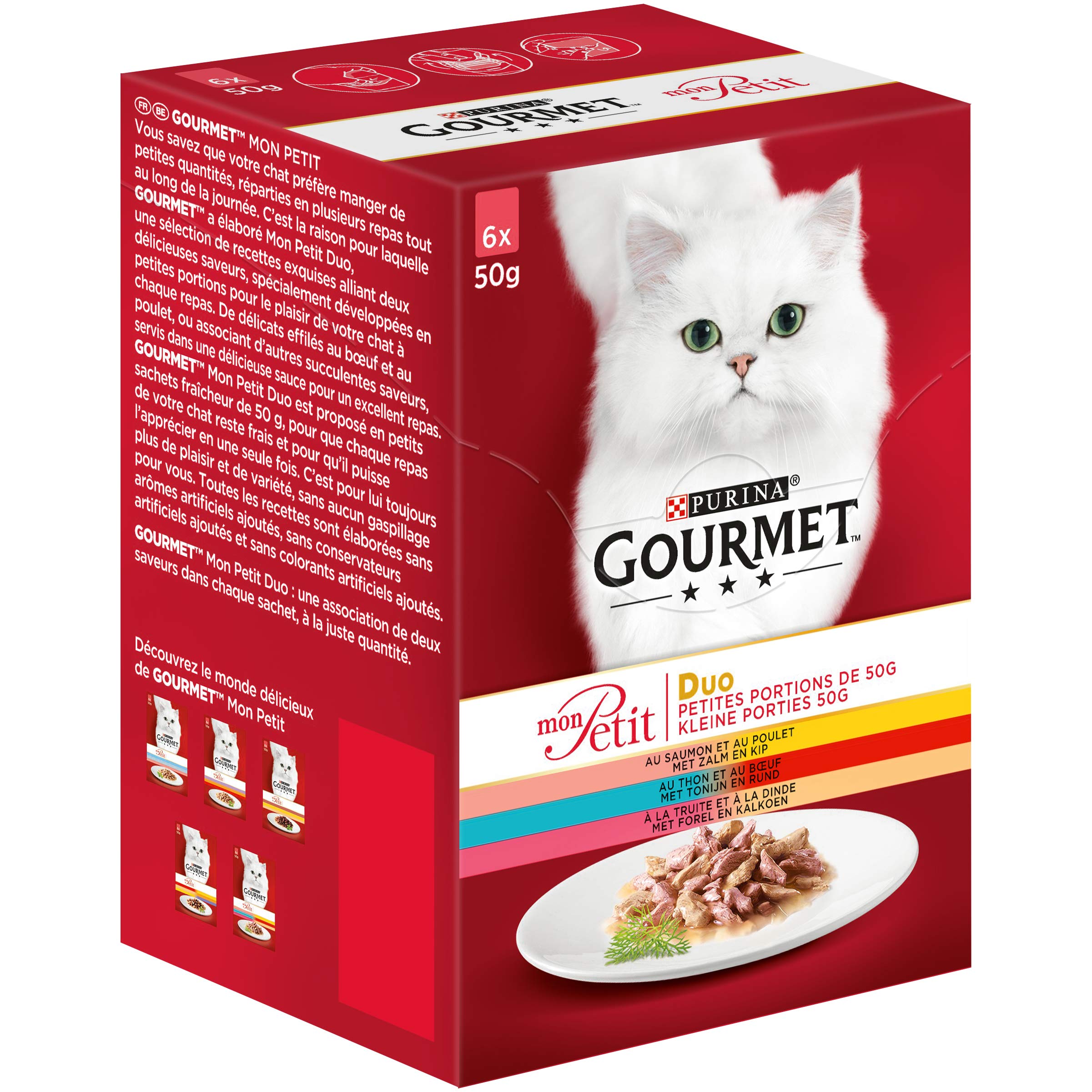 Gourmet Mon Petit Intense Duo karma dla kotów, mokra karma z łososiem i kurczakiem, tuńczykiem, wołem pstrągiem i indykiem w sosie - 6 x 50 g - 4 opakowania (24 woreczki porcjowe, 1,2 kg)