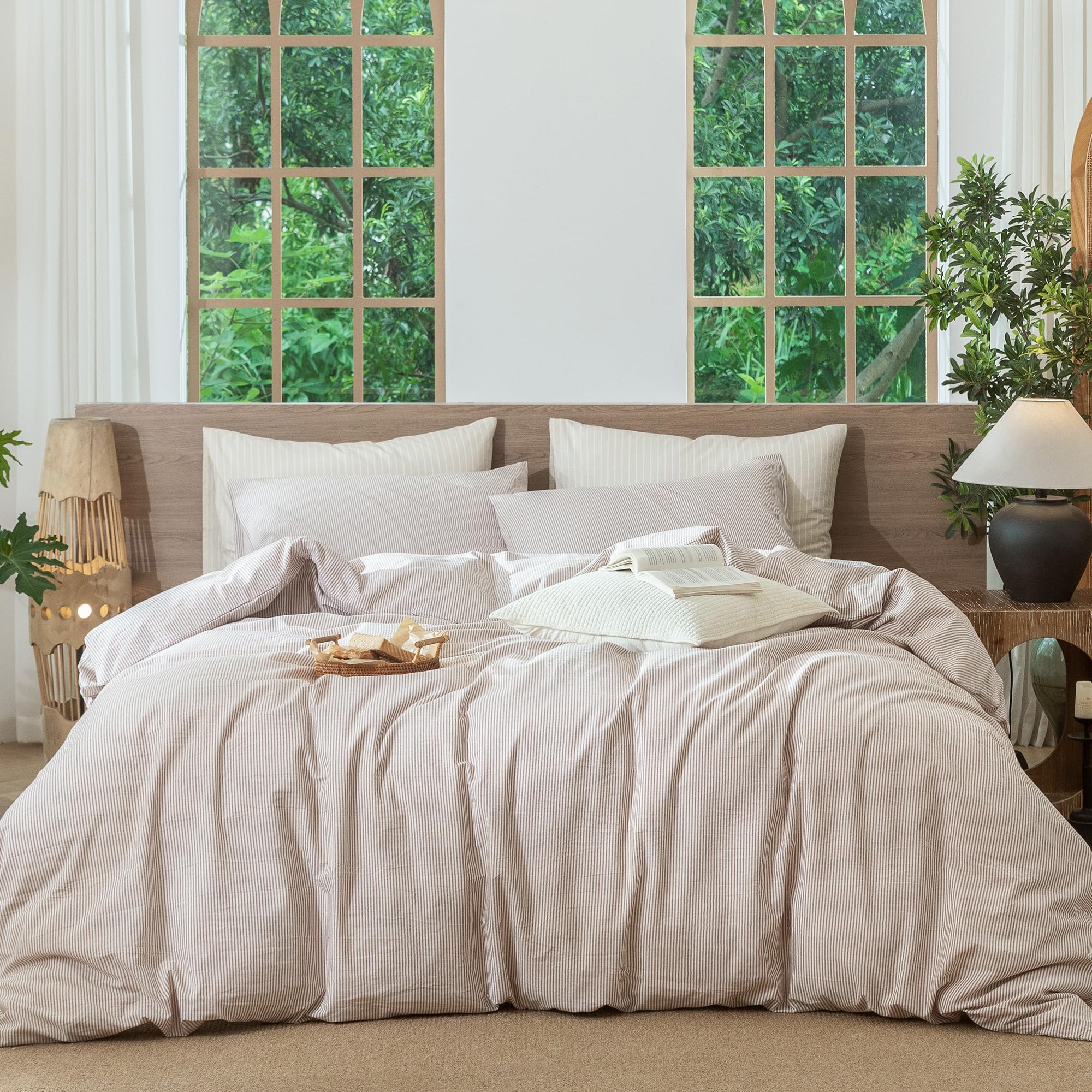 Photo 1 of MooMee Striped Duvet Cover Set 100% Washed Cotton Linen Like Textured Breathable Durable Soft Comfy (Orange Pinstripes, Full 80"x90")