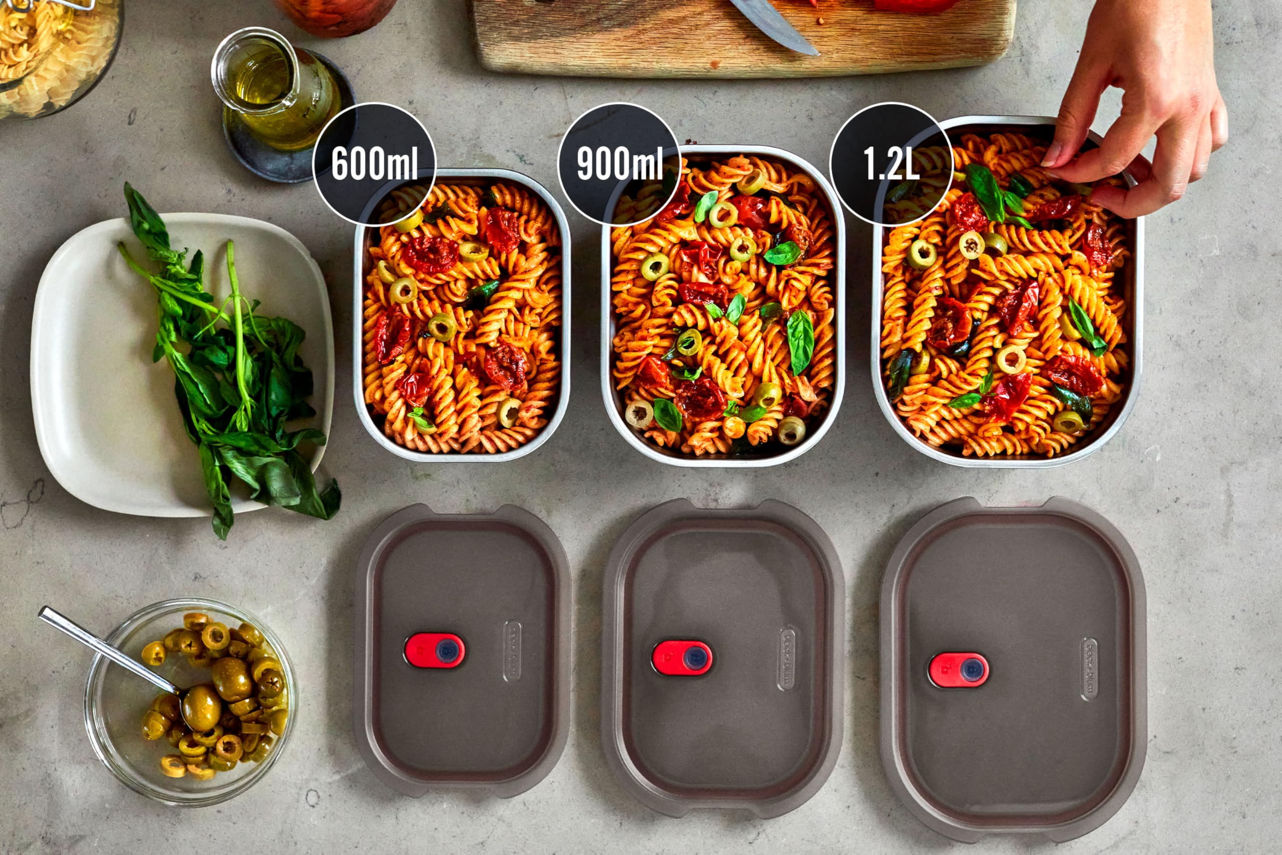 BLACK+BLUM recipientes Meal Prep 3 piezas 100 % herméticos con ventilación al vacío, acero inoxidable para comida, microondas, horno y congelador, perfectos para almuerzos, picnic y camping