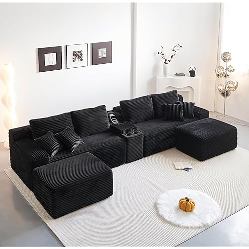 150'' U-Shaped Sectional Sofa, 5-Piece Modular Corduroy Sofa with Removable Console, Wireless Charging, USB Ports, Bluetooth Speaker, Storage & 2 Ottomans for Living Room, Black