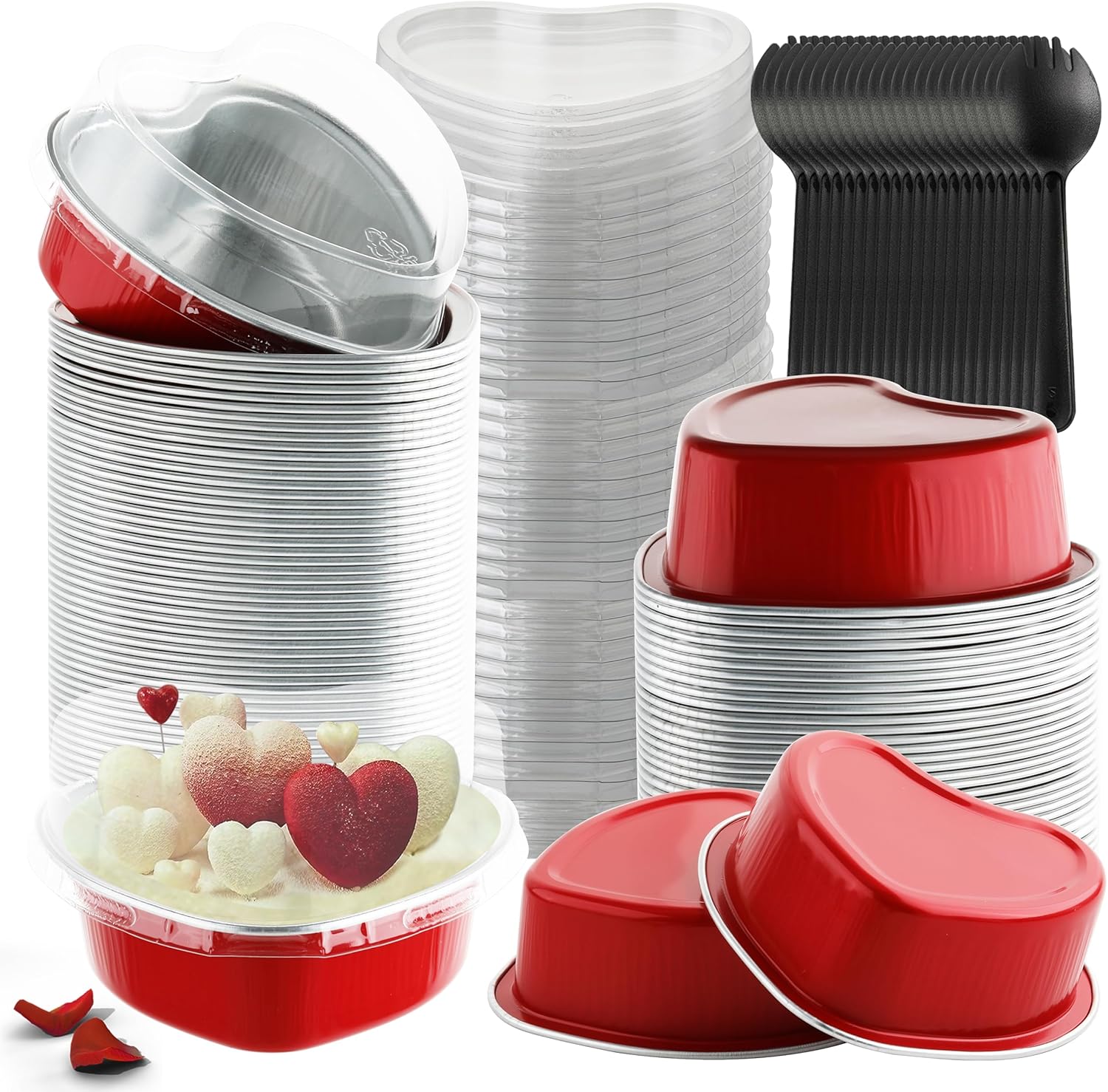 Heart Shaped Cake Pans with Lids,BAKINGPAK 50PCS 3.4OZ Red Mini Cake Pans with Lids Party Baking Supplies Heart Shaped Containers with Lids Cake Tins with Lids for Wedding Anniversary Birthday,Red Red-50Pack 3.4OZ
