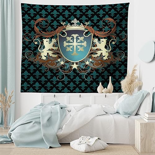 Miniatura 6 de Ambesonne Tapiz medieval, diseño heráldico del escudo de armas de la Edad Media, leones y remolinos, colgante de pared ancho para dormitorio, sala