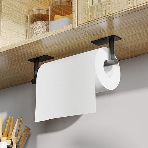 Miniatura 5 de RARXTR Toallero de papel, negro, debajo del gabinete, adhesivo, montado en la pared, negro mate, acero inoxidable SUS304
