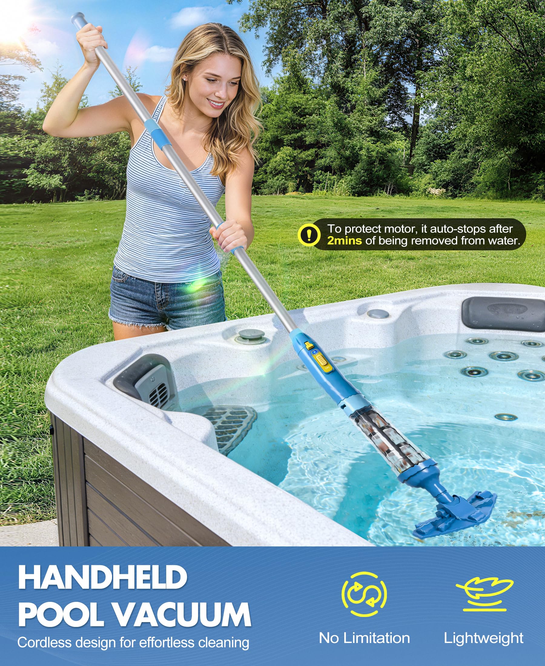 LanBlu Aspirador de Piscina con Pértiga Telescópica, 5200mAh Aspirador Piscina Bateria Tiempo de Funcionamiento hasta 90 Minutos, 60L/Min Potente Succión Aspiradora Piscinas Fondos para SPA Piscinas