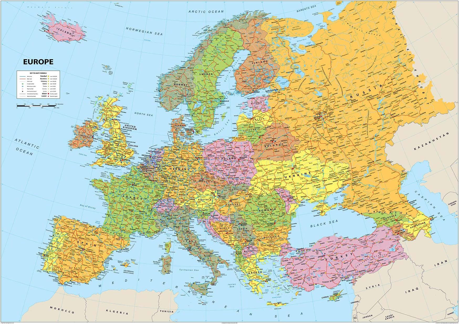 Detailed Political Map of Europe - Size A1-59.4 x 84.1 cm - Paper Laminated