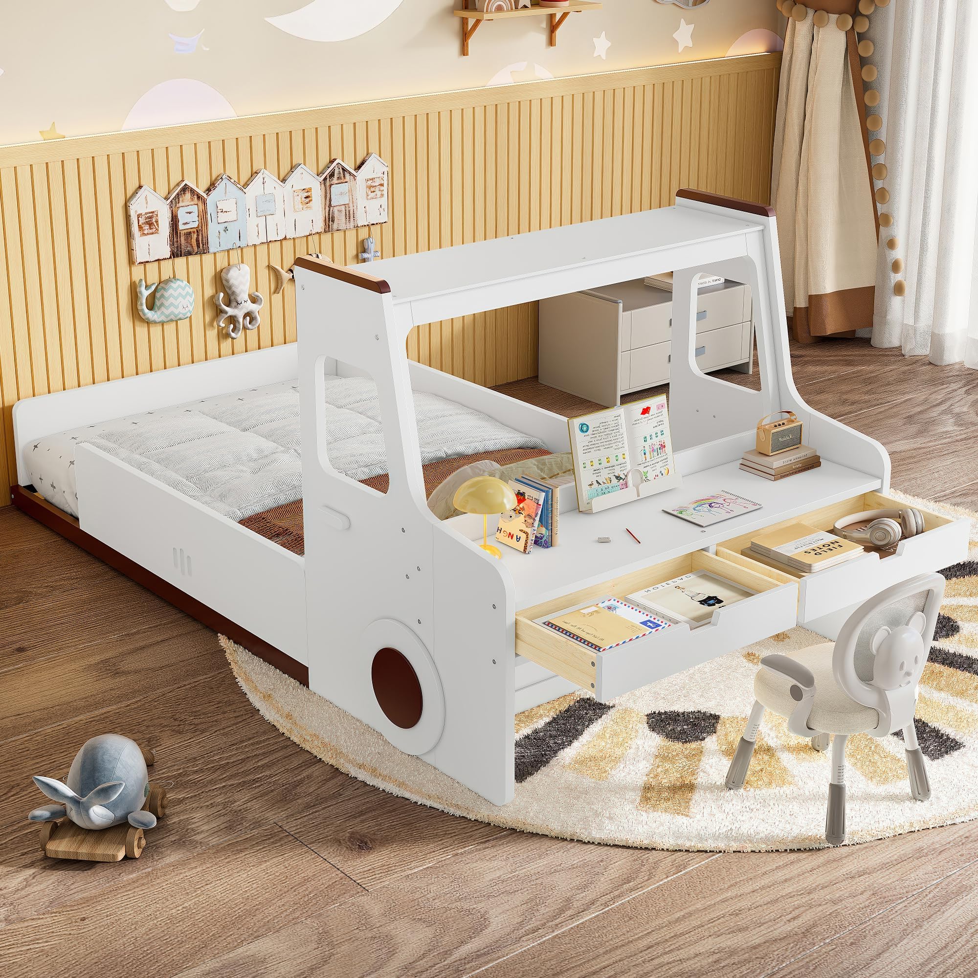 SOFTSEA Twin Size Car-Shape Bed Frame for Kids, Car Shape Platform Bed with Desk, Storage Drawers & Windows, Wood Floor Bed with Rails for Boys & Girls, No Box Spring Needed, White