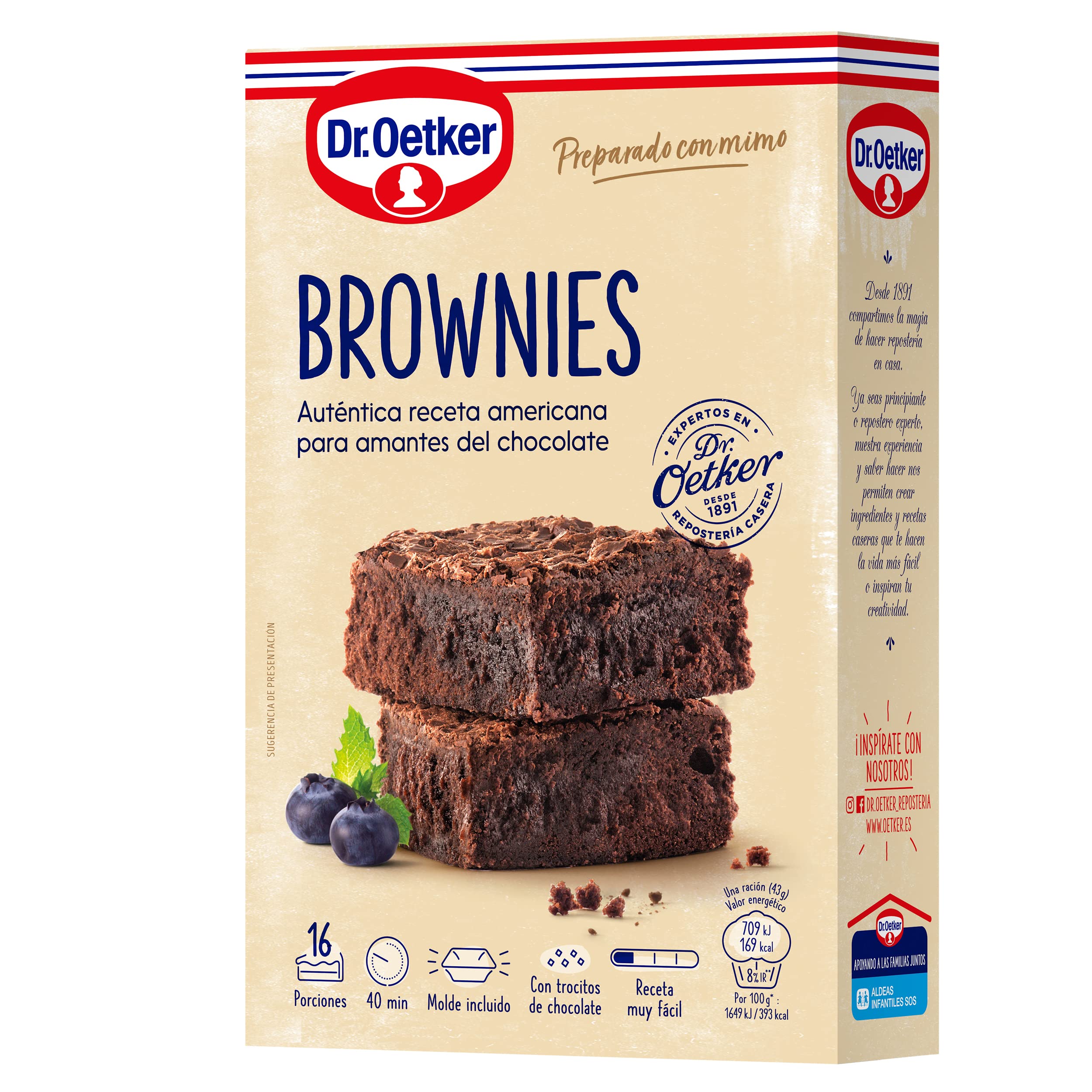 DR. OETKER Preparado para Brownies - Estuche con Preparado en Polvo para Hacer Brownies 450g y Molde Listo para Hornear - 16 Raciones