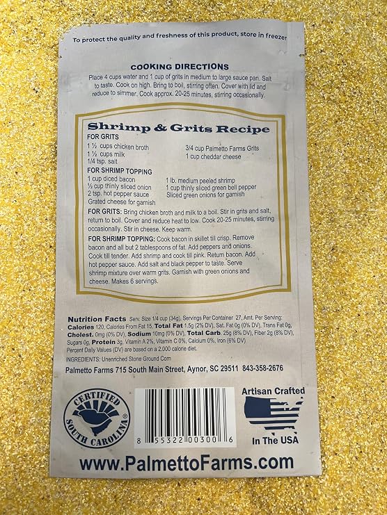 Palmetto Farms Yellow Stone Ground Grits 2 LB - Non-GMO - Just All Natural Corn, No Additives - Naturally Gluten Free, Produced in a Wheat free facility - Grinding Grits Since 1934 by Palmetto Farms